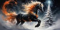 Огненная лошадь мчится мимо заснеженной ёлки под звёздным небом.