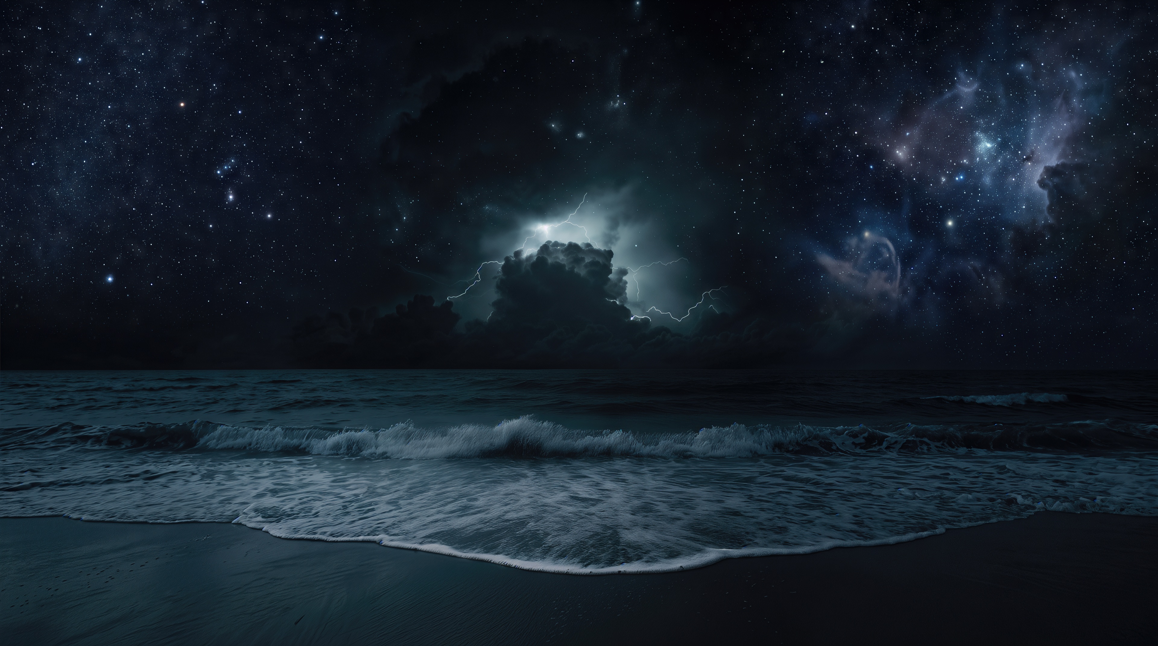 A powerful thunderstorm and lightning over the night ocean under the endless starry sky.