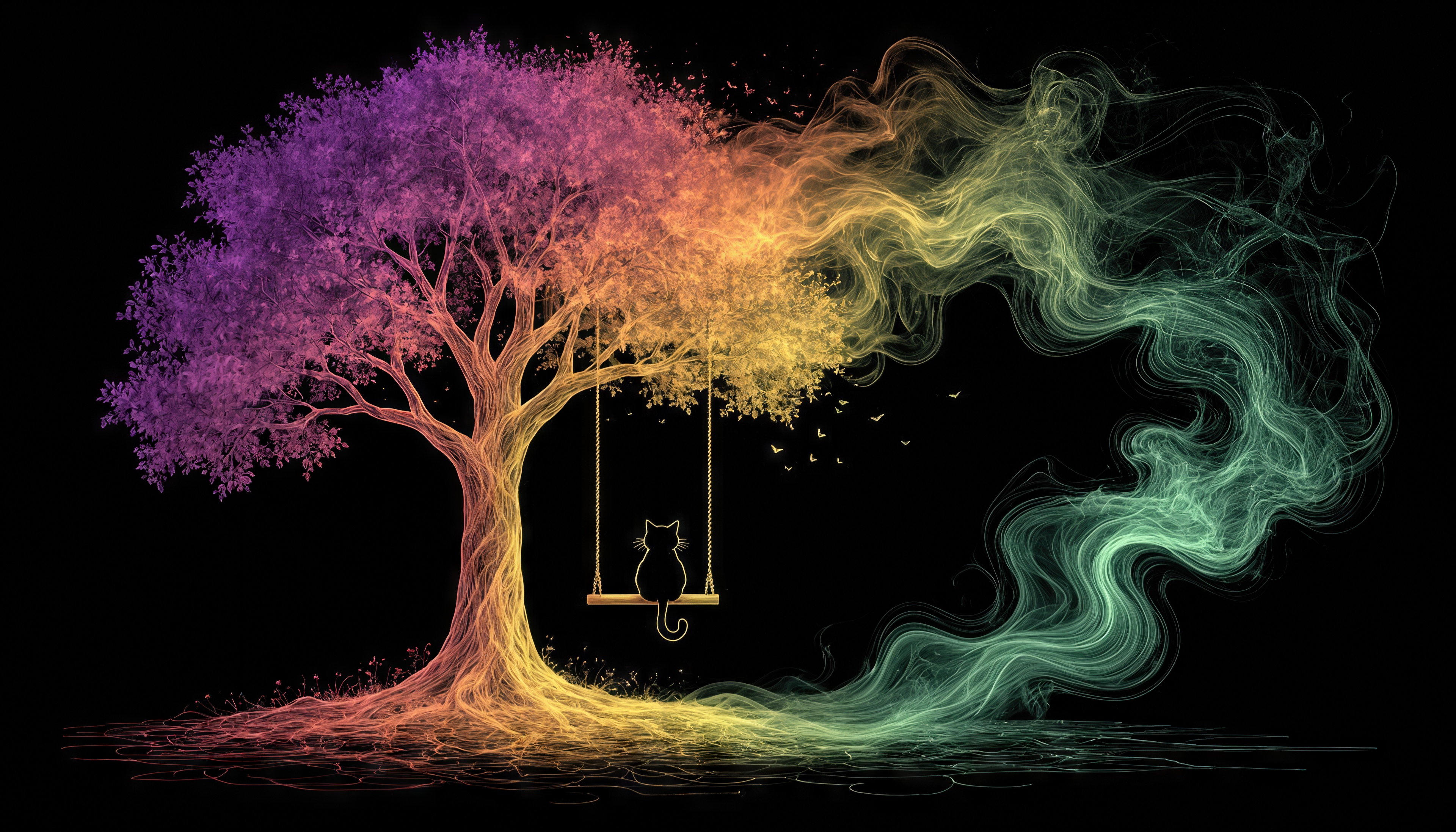 Бесплатное фото Волшебное дерево с качелями, на которых сидит кот, окутано дымчатым сиянием.