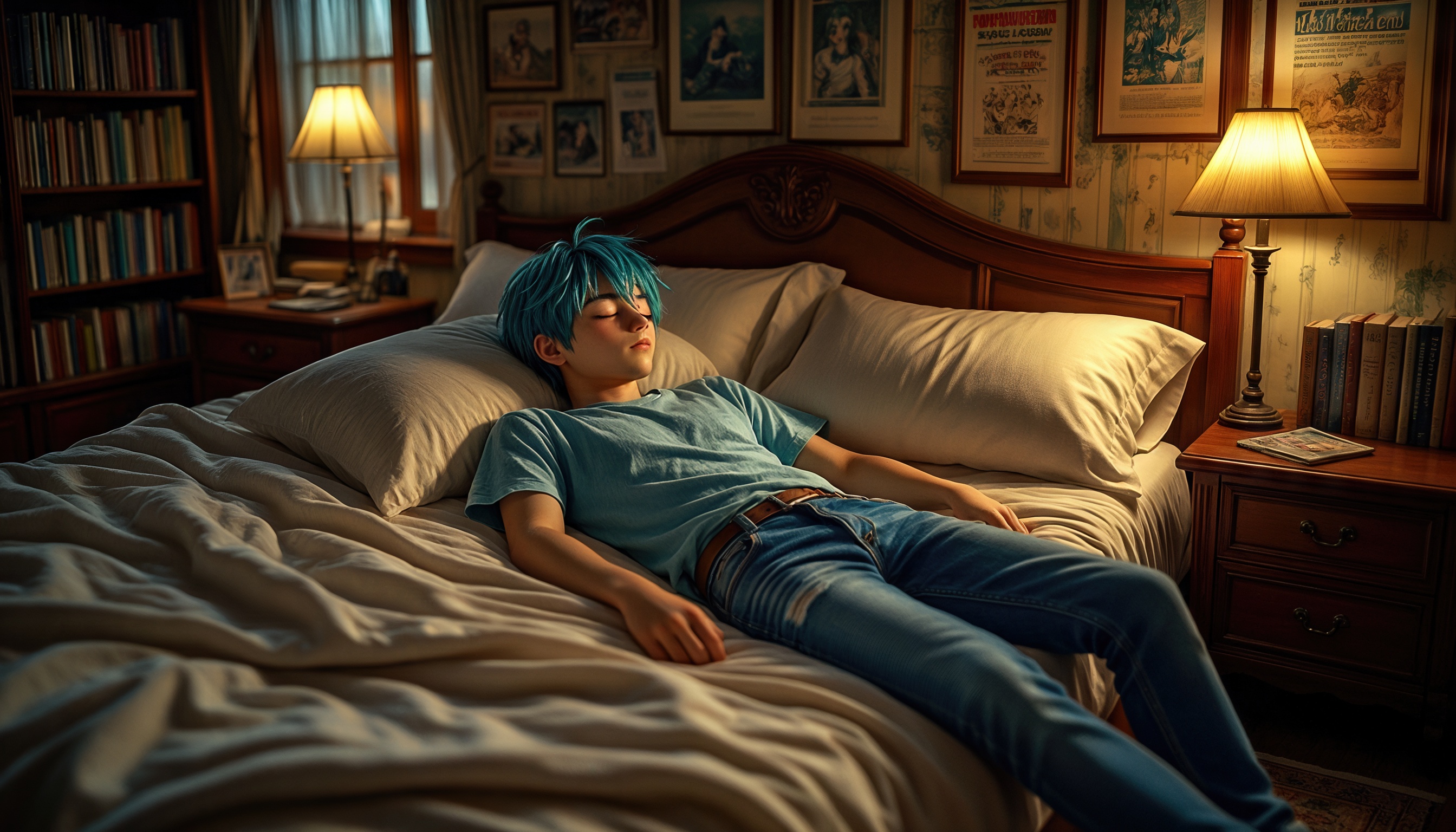 A young guy with blue hair is relaxing on a bed in a cozy room with bookshelves and paintings.