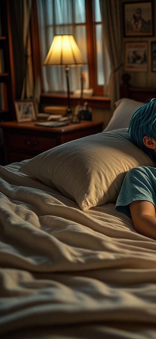 Free photo A young guy with blue hair is relaxing on a bed in a cozy room with bookshelves and paintings.