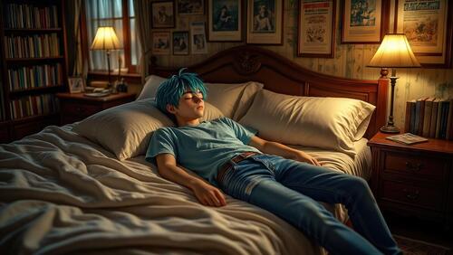 Free photo A young guy with blue hair is relaxing on a bed in a cozy room with bookshelves and paintings.