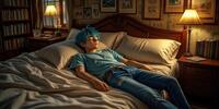 A young guy with blue hair is relaxing on a bed in a cozy room with bookshelves and paintings.