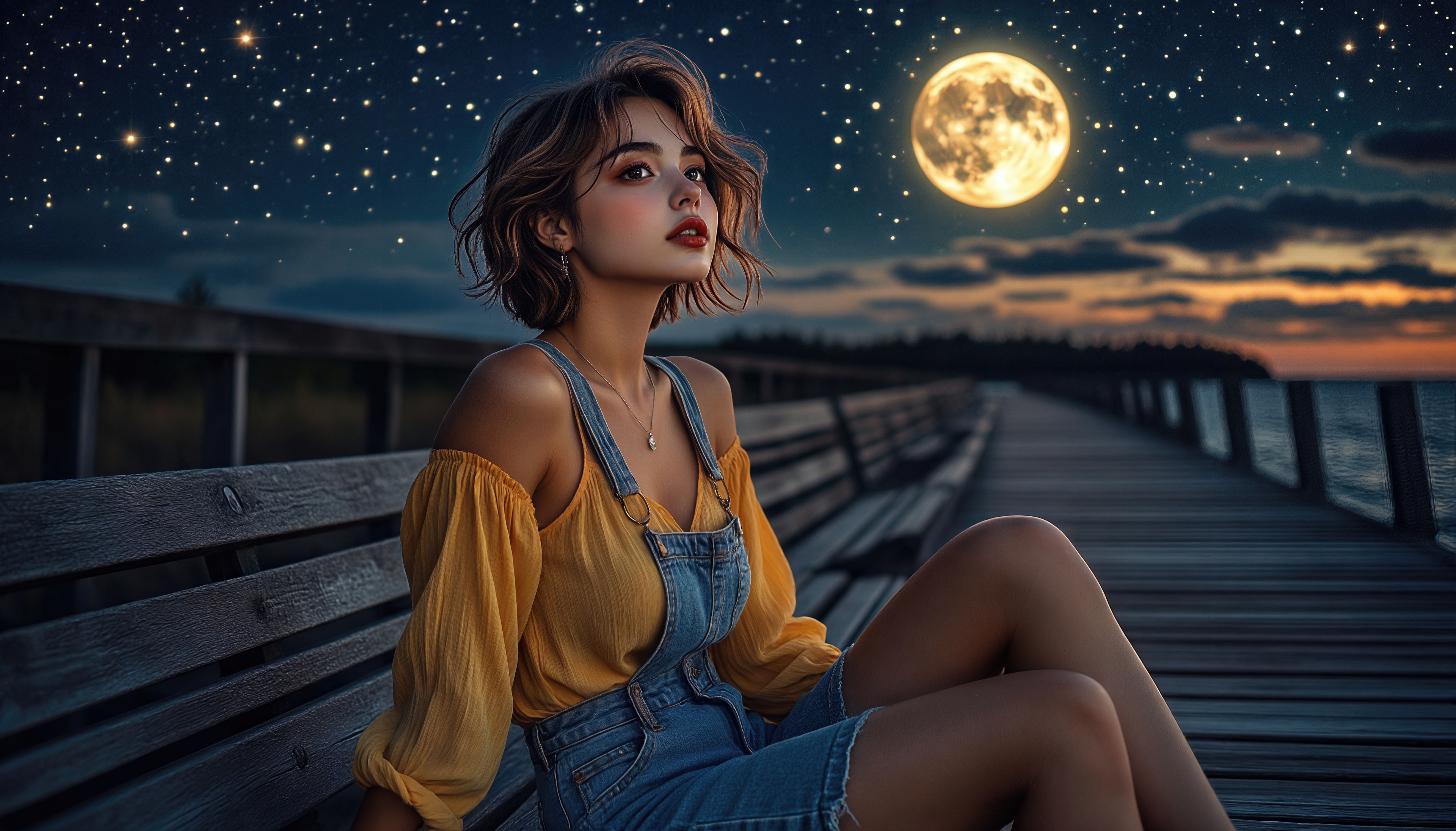 Wallpapers beautiful girl night Moon on the desktop