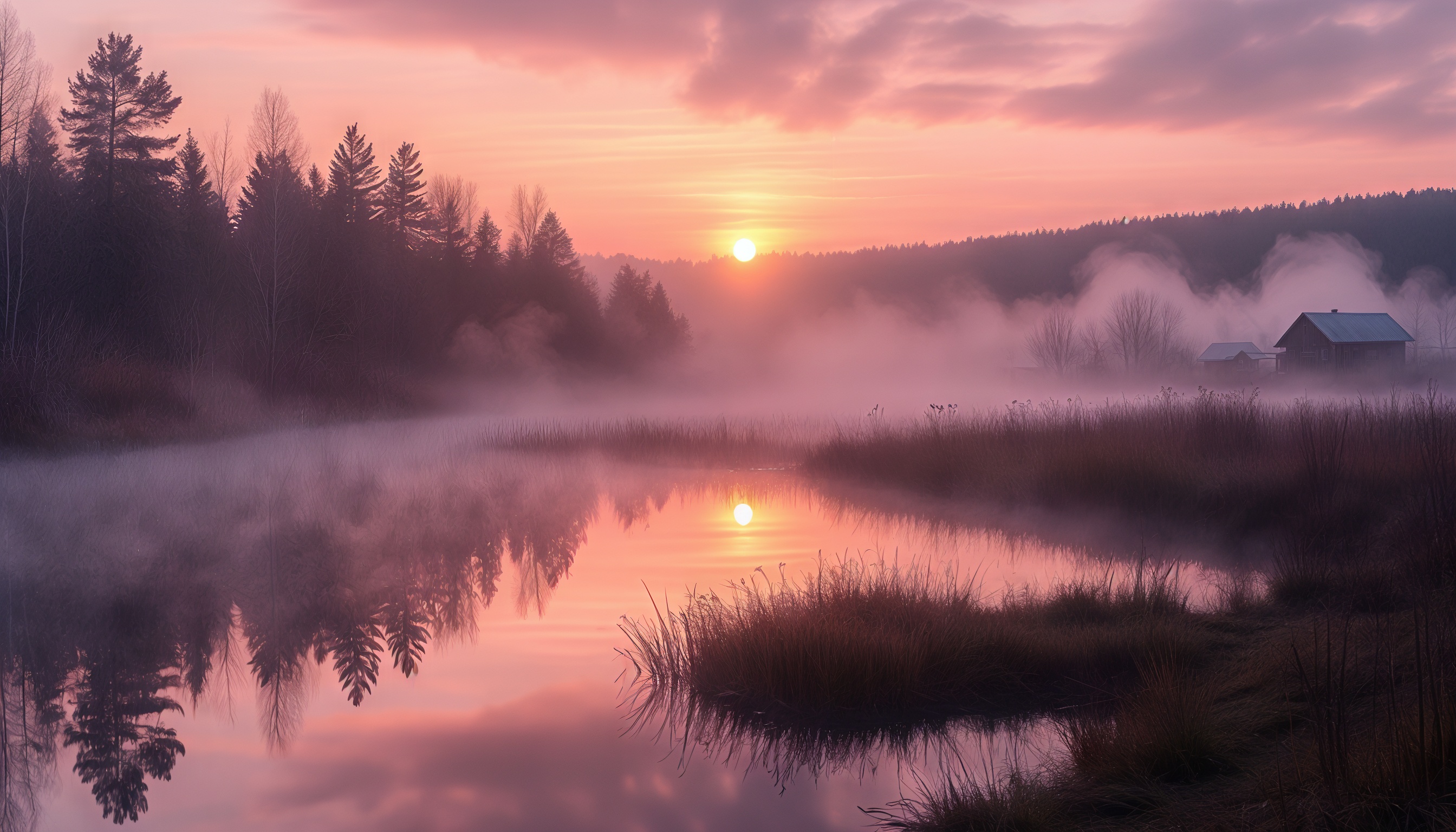 Бесплатное фото Утренний туман, отражение солнца в воде, сельский пейзаж.