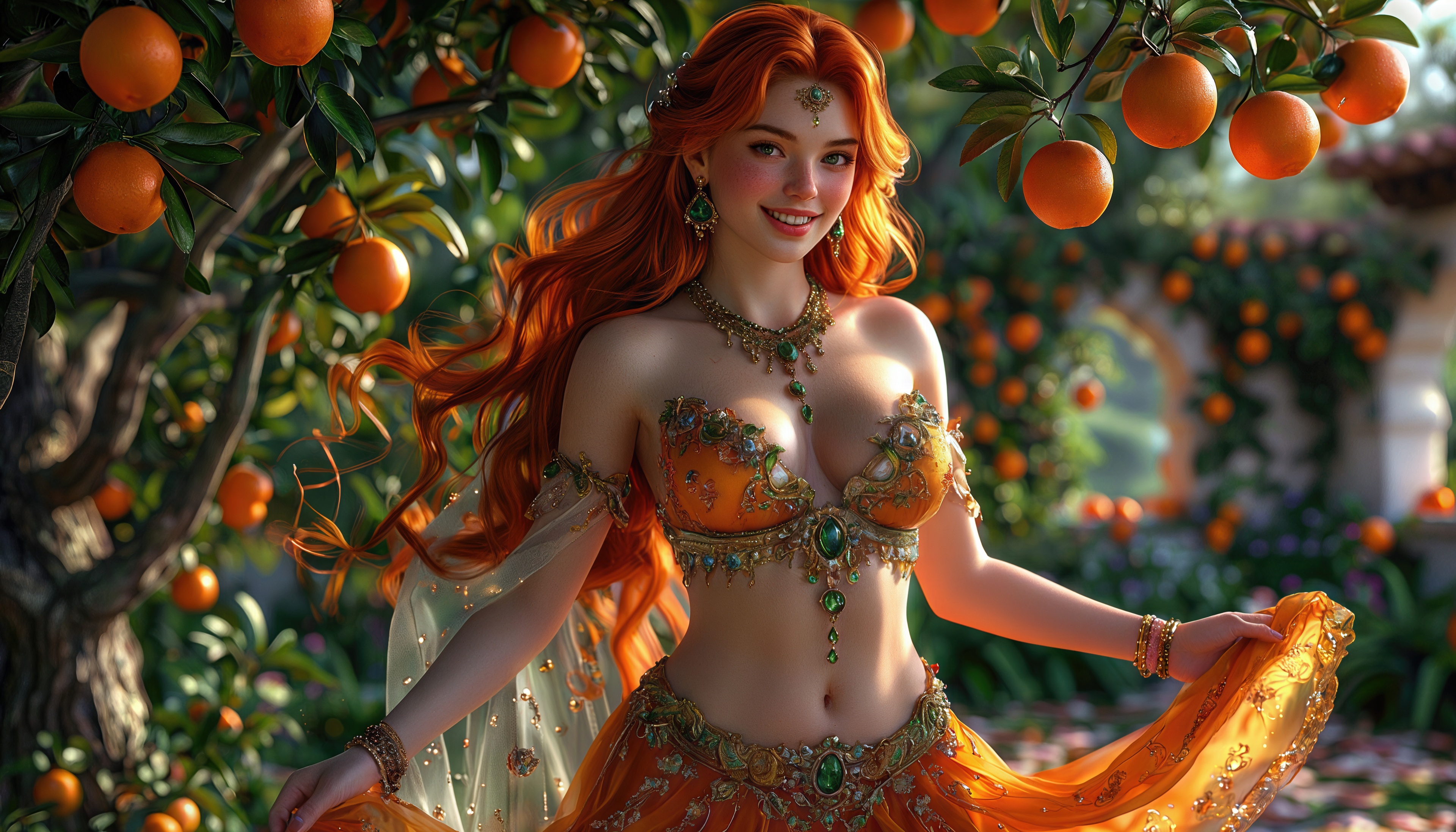 Free photo A red-haired beauty in an oriental outfit poses among orange trees.