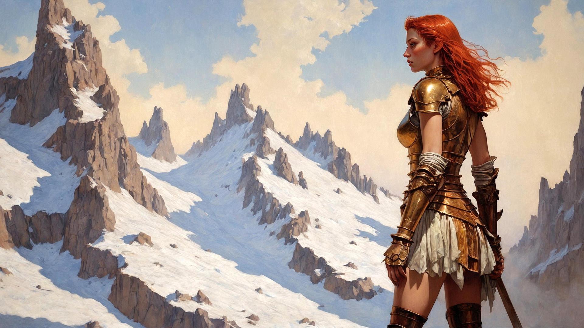 一个身着盔甲的红发女孩站在雪山的背景下