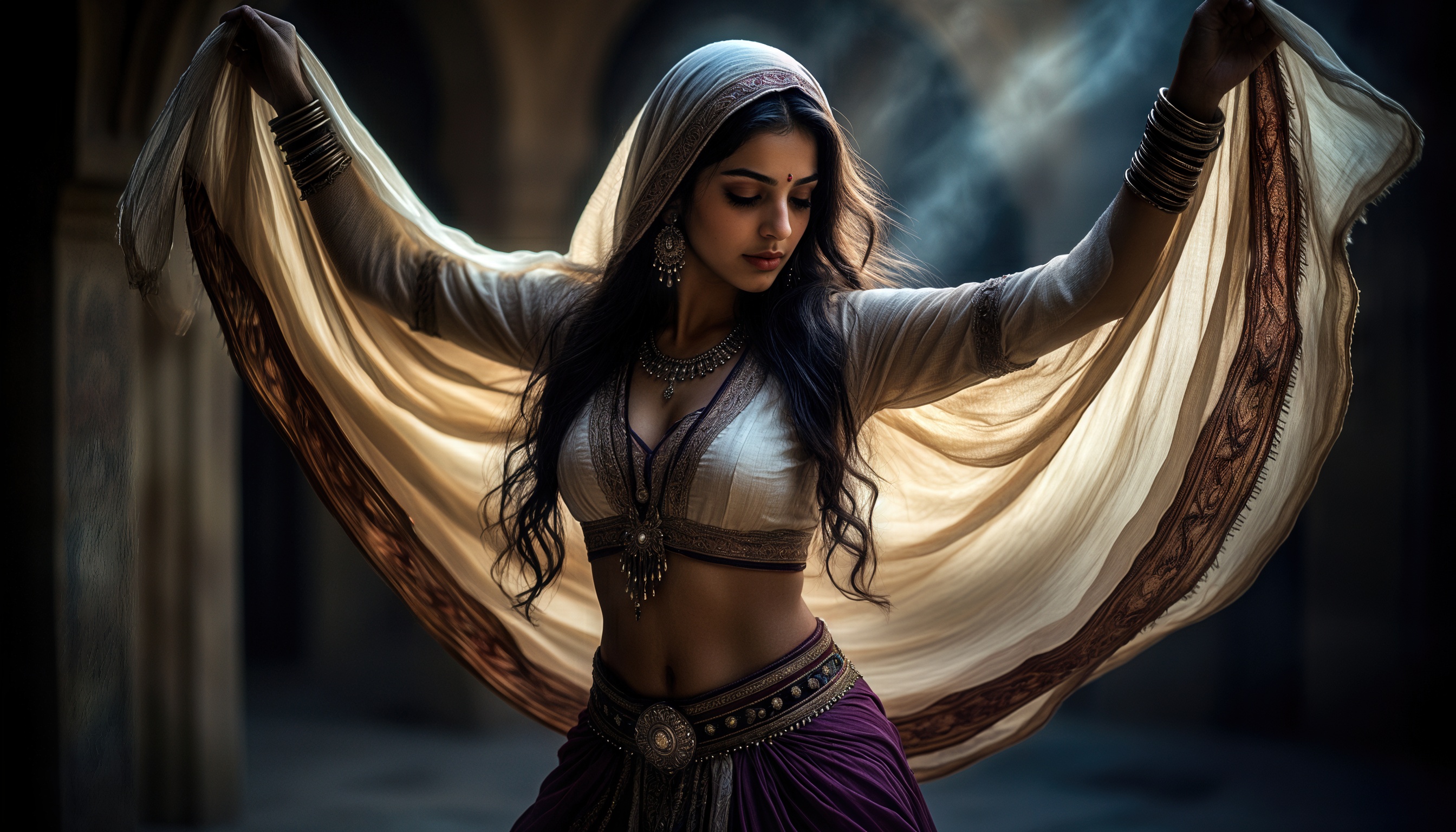 Бесплатное фото Девушка в традиционном индийском наряде исполняет танец на темном фоне.