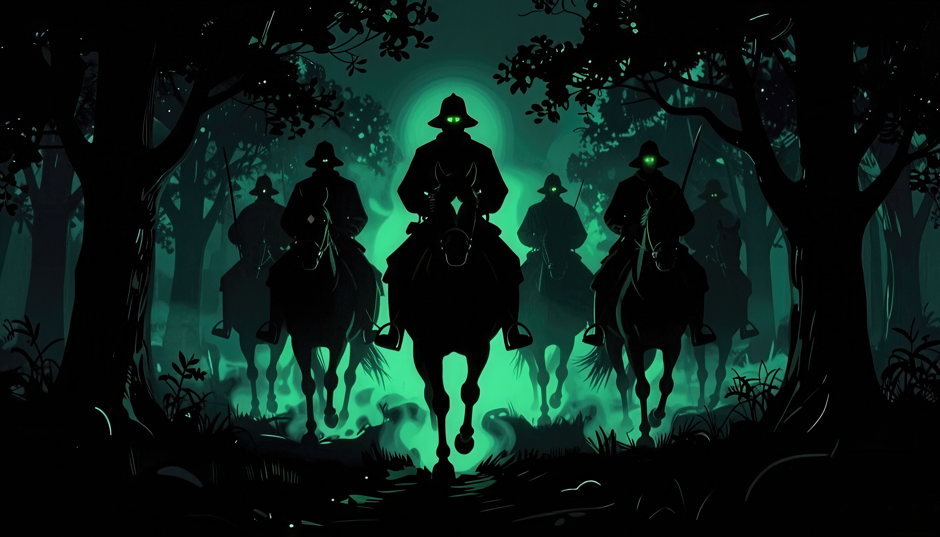 Free photo Silhouettes of horsemen against a mystical green glow.