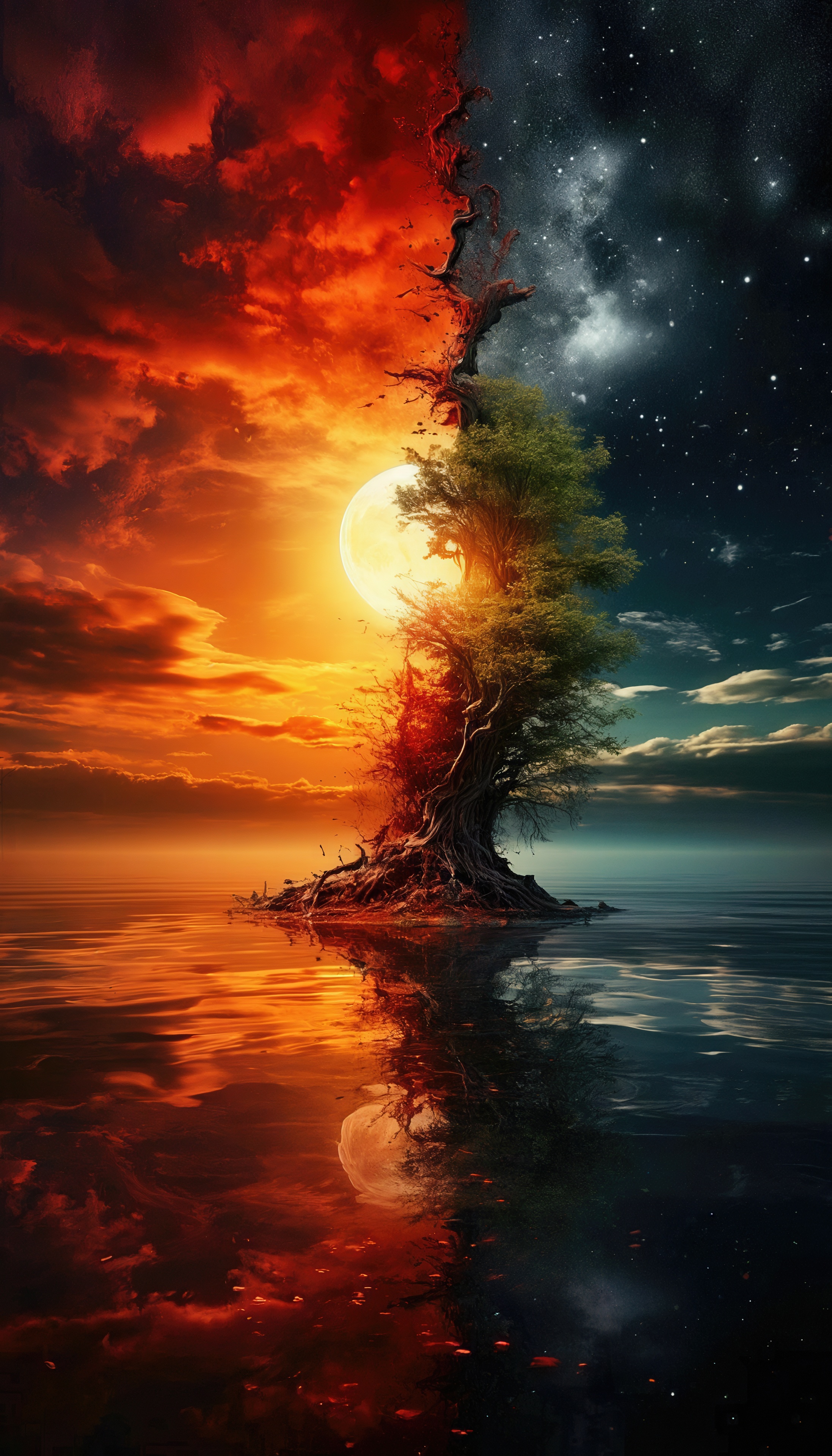 Free photo A tree on an island that separates day and night in the same landscape.