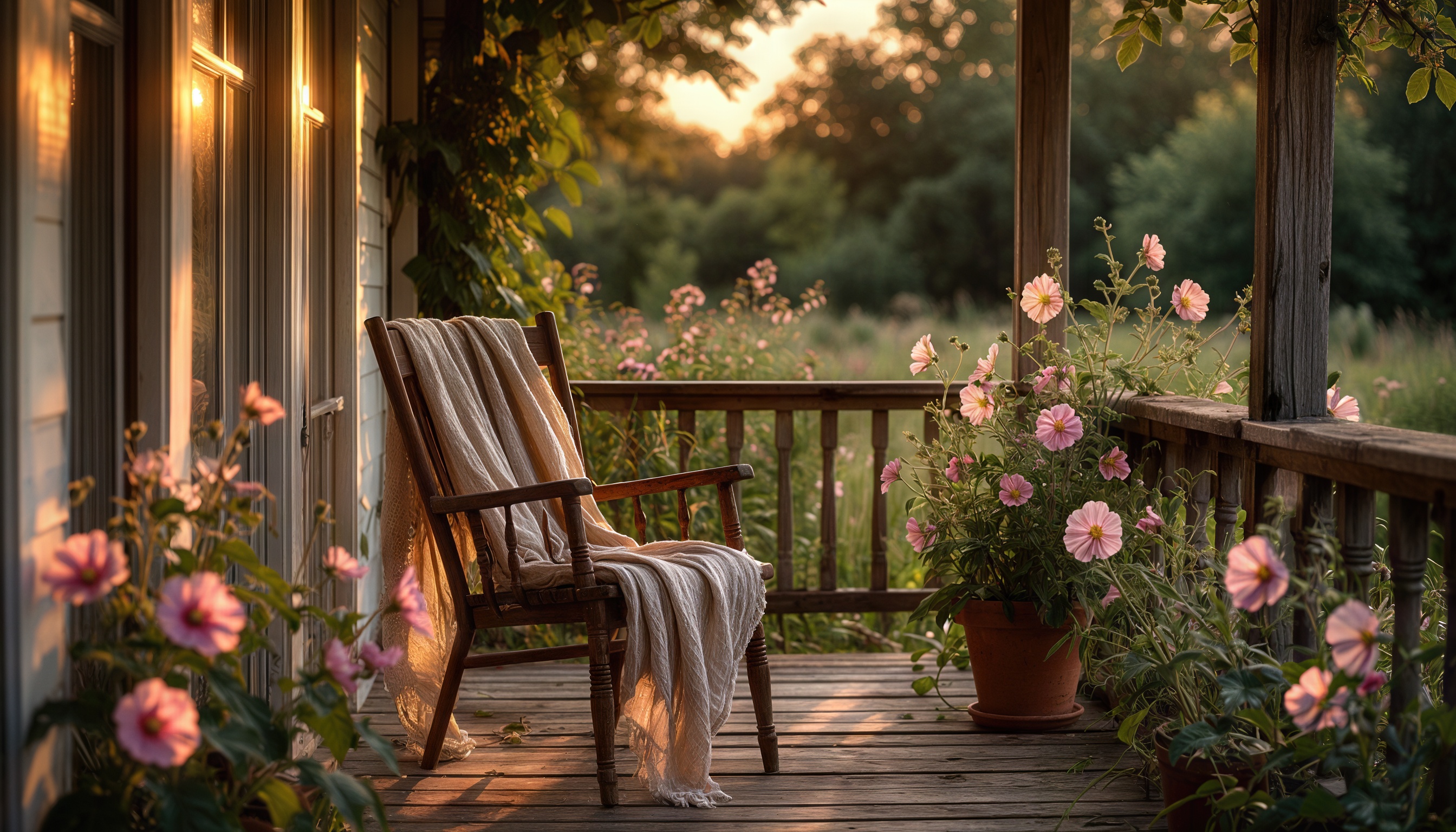 Бесплатное фото Тёплый закат золотит веранду, где ждёт кресло с пледом, окружённое цветущей космеей - шёпот летнего уюта.