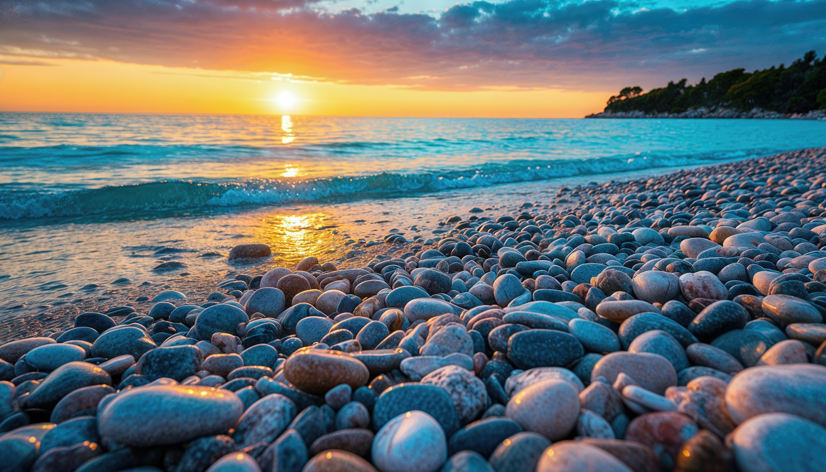 Бесплатное фото Закат на галечном пляже с отражением солнца на воде и лесом на заднем плане.