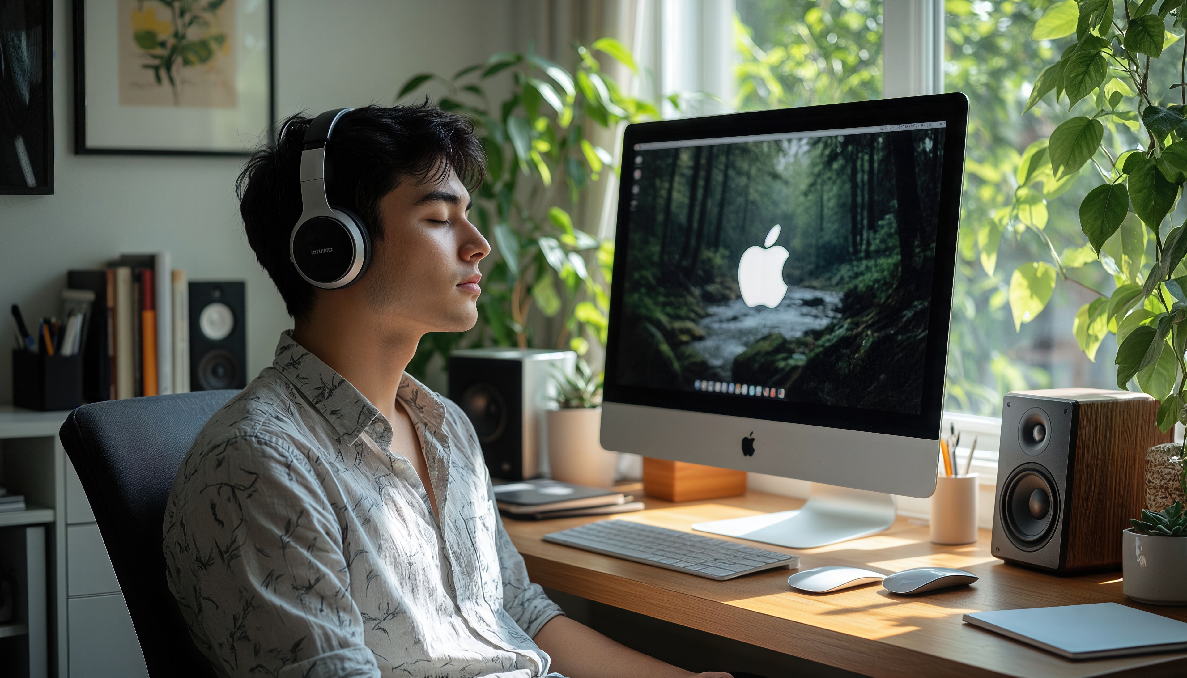 Free photo A young man wearing headphones is sitting in an armchair in front of an Apple iMac monoblock with his eyes closed, listening to music.
