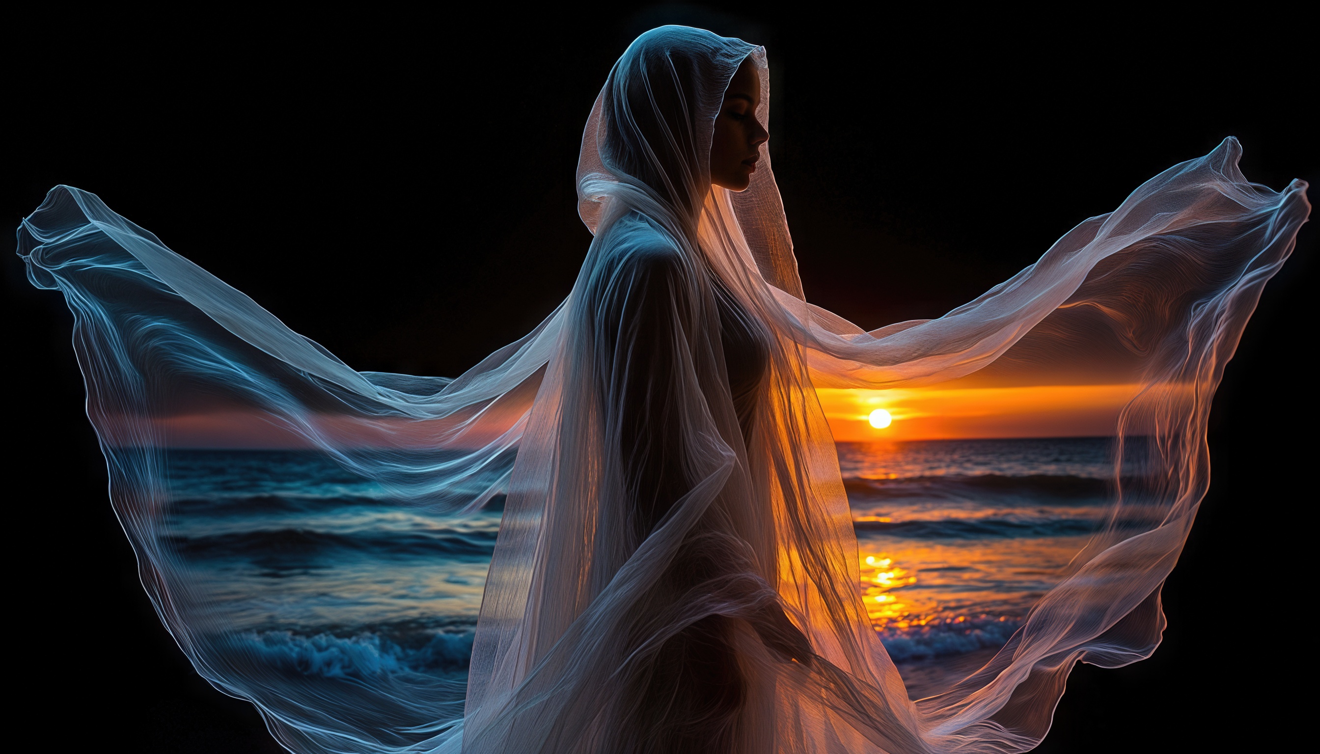 Бесплатное фото Девушка в полупрозрачной вуали стоит на фоне закатного моря, в накидке, что развевается, как крылья.