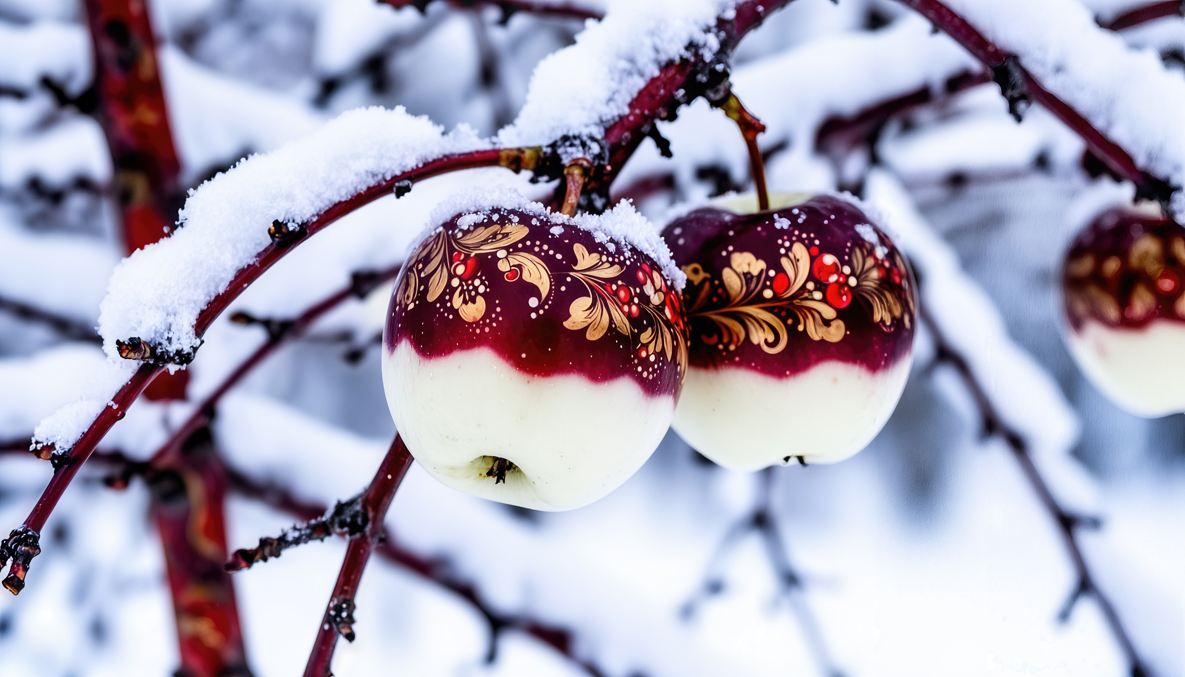免费照片在雪枝上有金色图案的苹果。