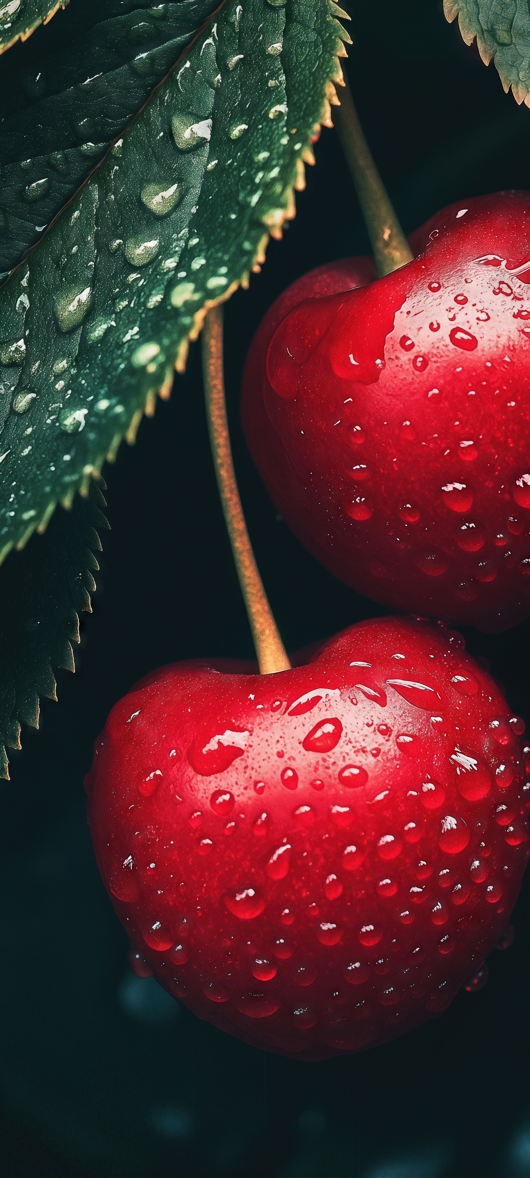 Бесплатное фото Сочные вишни, усыпанные каплями росы, на фоне изумрудных листьев.