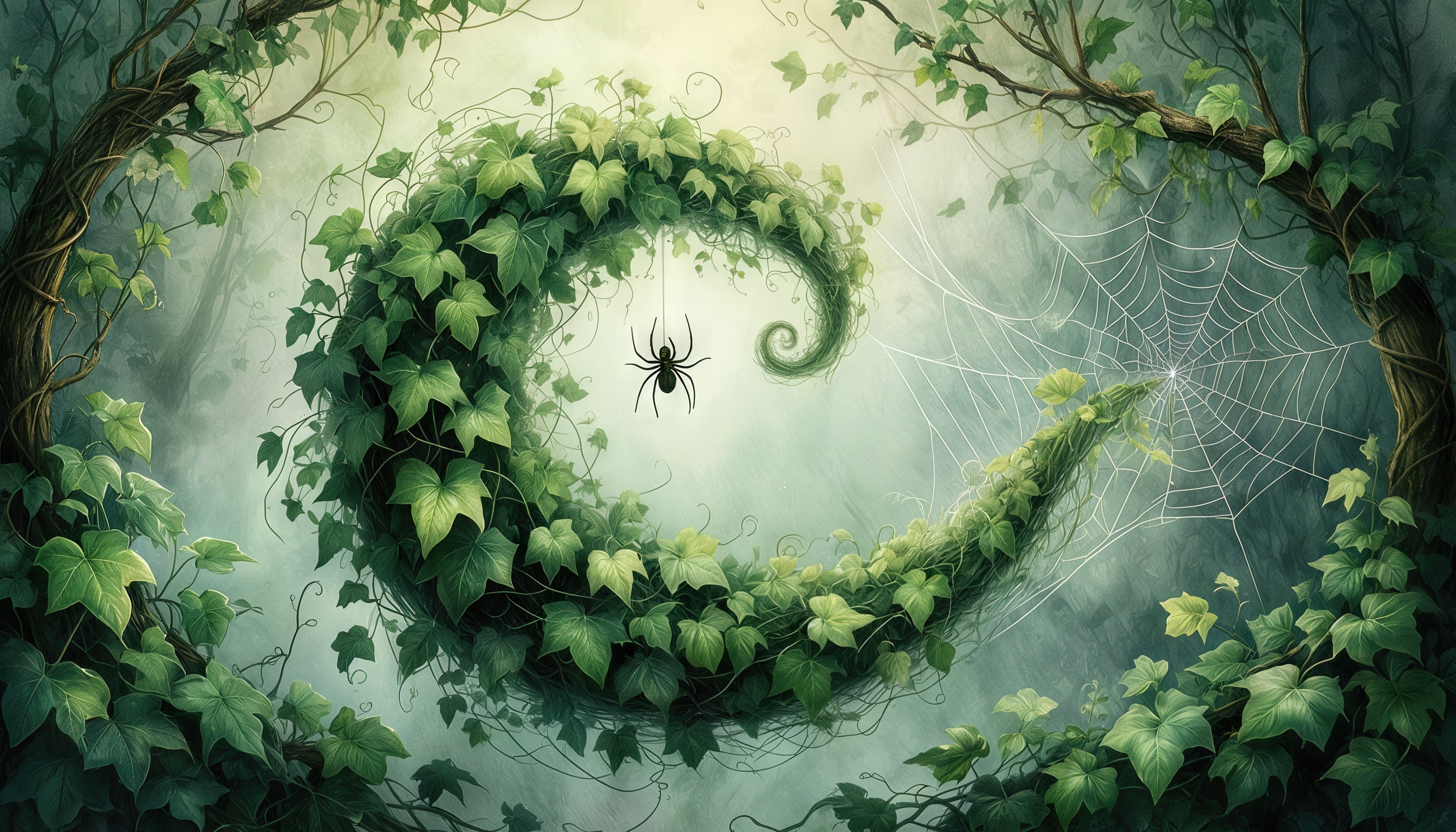 Густые зелёные лианы, оплетающие дерево и создающие паутину с пауком в центре загадочного леса, освещённая светом.