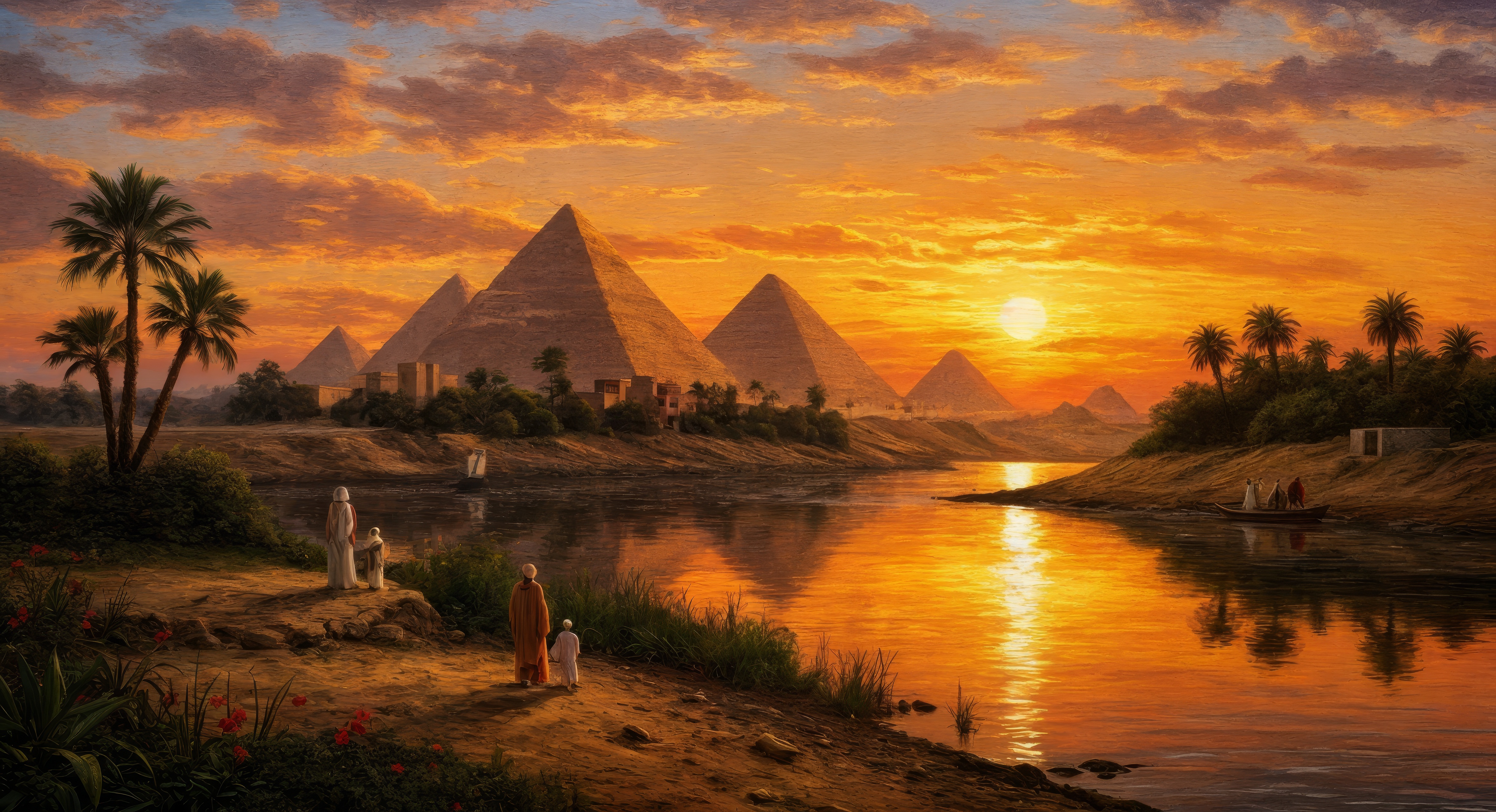 Бесплатное фото В пустыне есть пирамиды и люди, живущие возле воды.