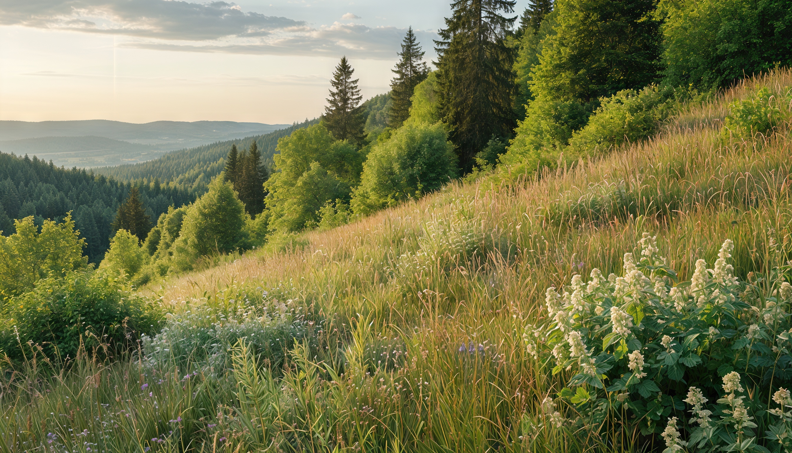 Бесплатное фото Луг, усыпанный цветами, плавно уходит в хвойный лес на фоне мягких холмов.
