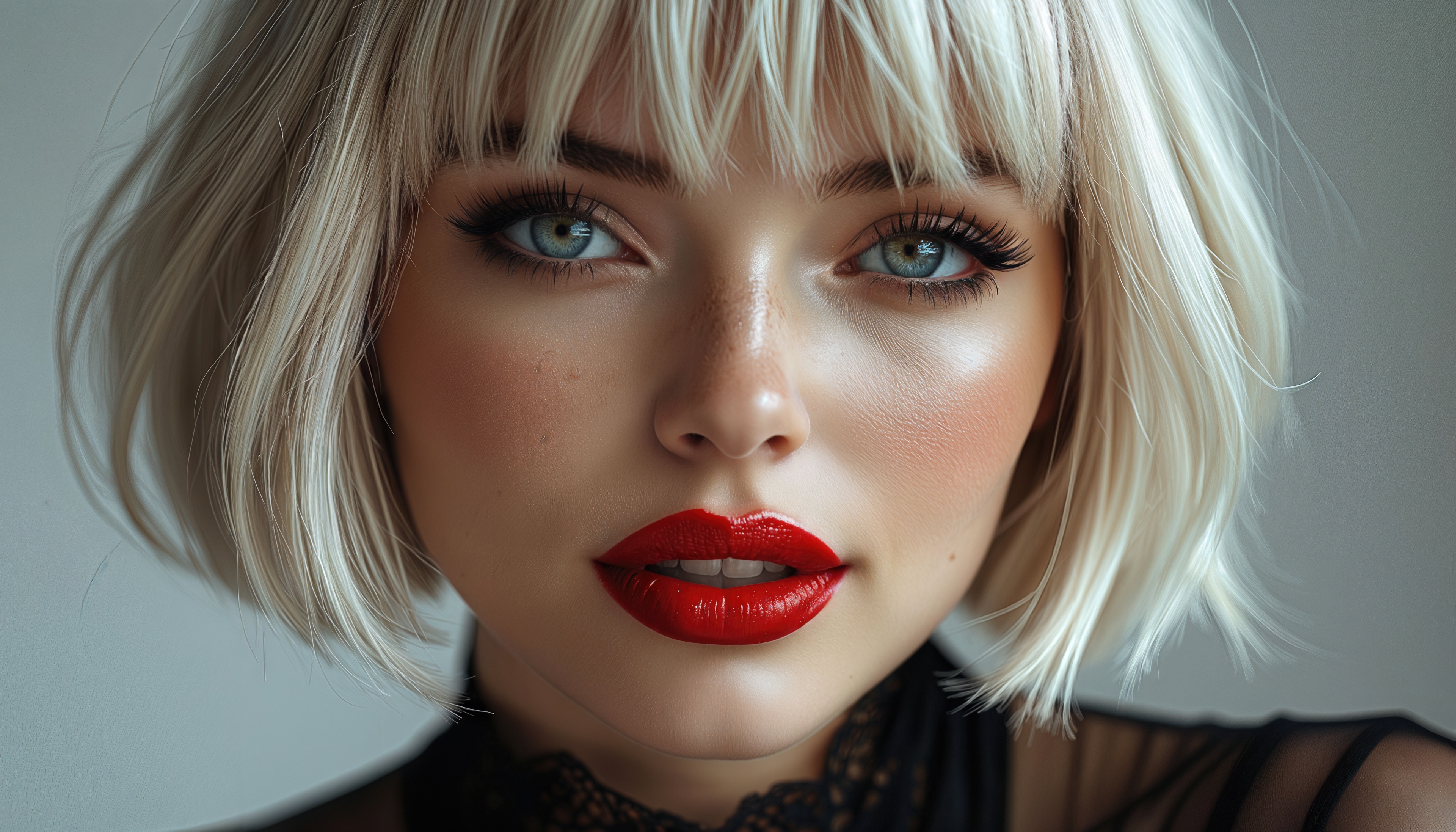 Бесплатное фото Блондинка с выразительными глазами и ярко-красной помадой смотрит прямо в камеру.