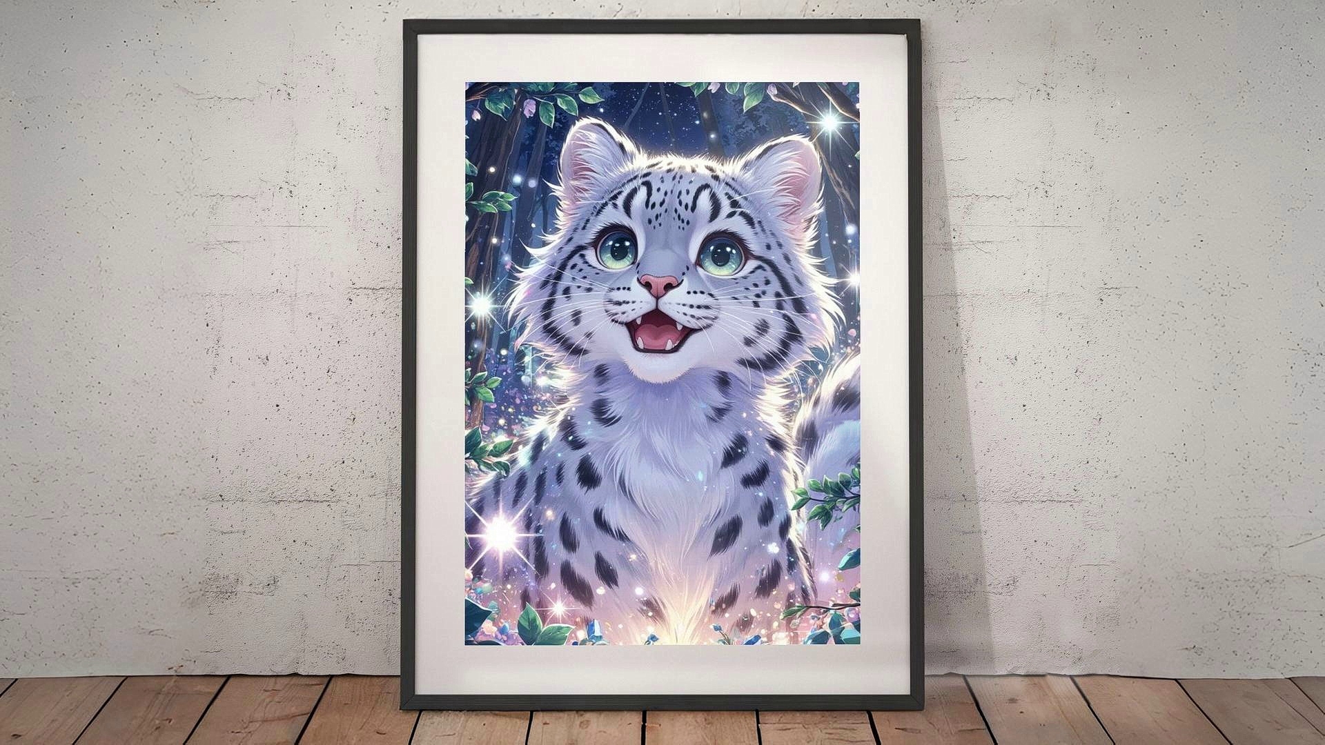 A picture of a kitten in a frame stands on the floor in the room.