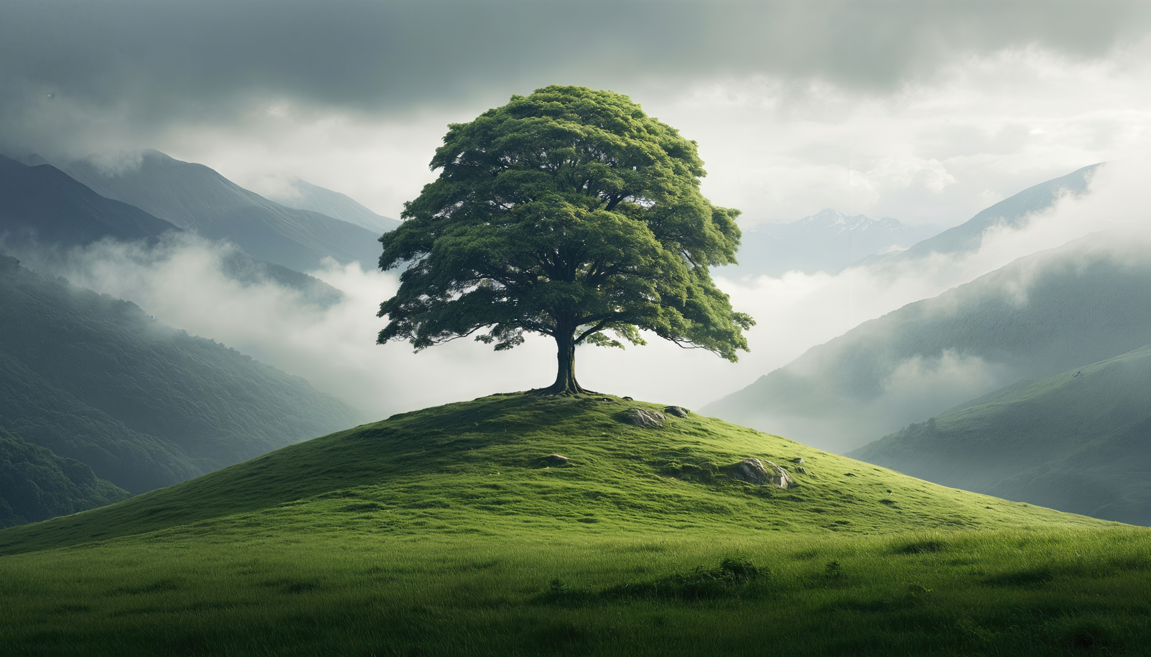 Бесплатное фото Могучий дуб возвышается на зелёном холме среди туманных гор.