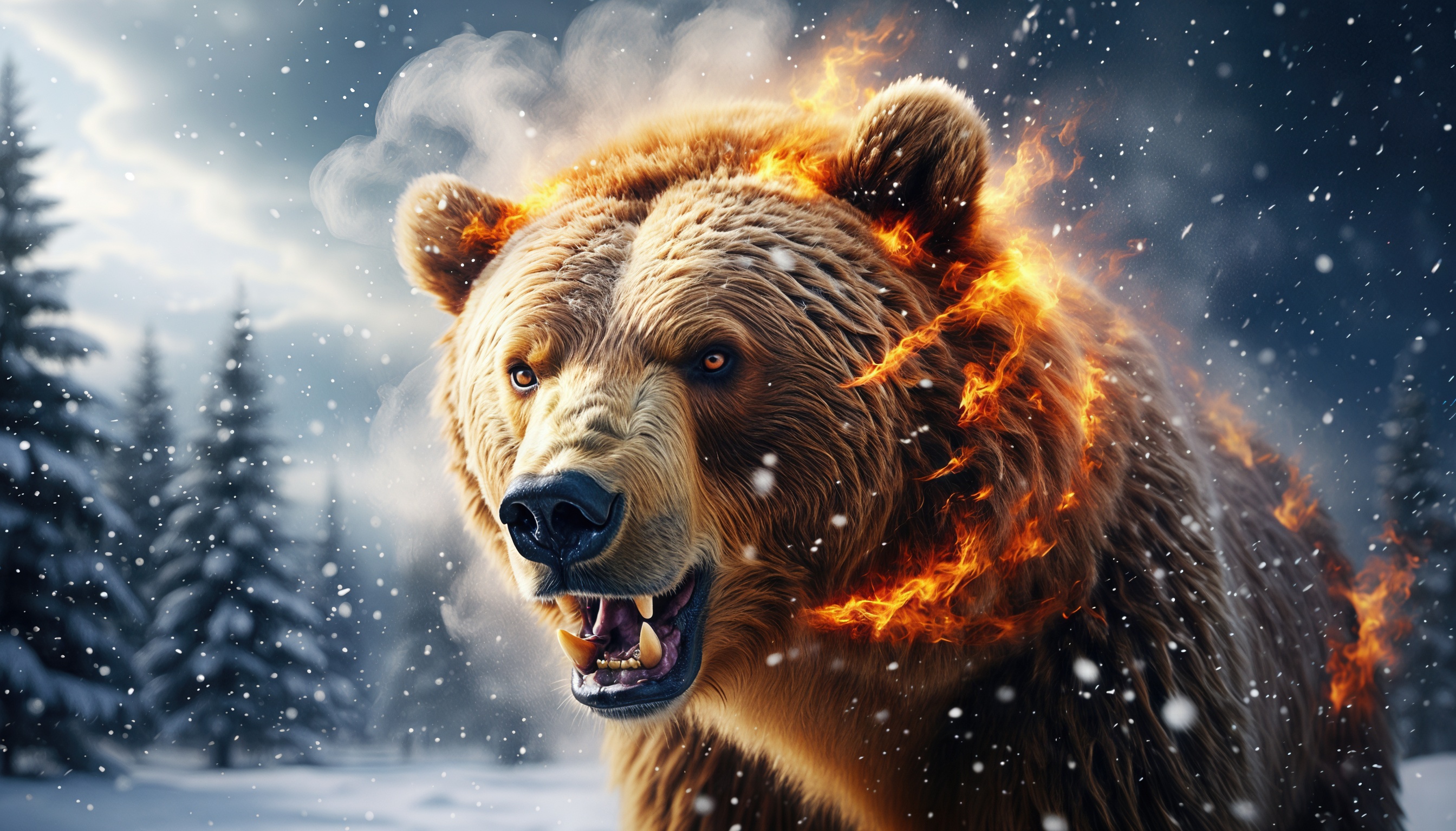 Бесплатное фото Медведь в огне на фоне зимнего пейзажа.