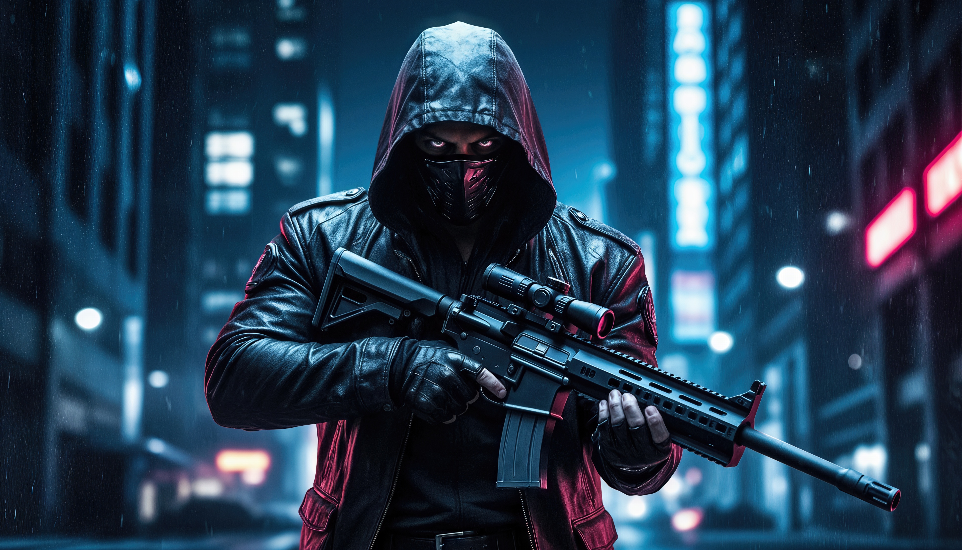 Free photo A hooded figure with a rifle stands darkly in the neon city.