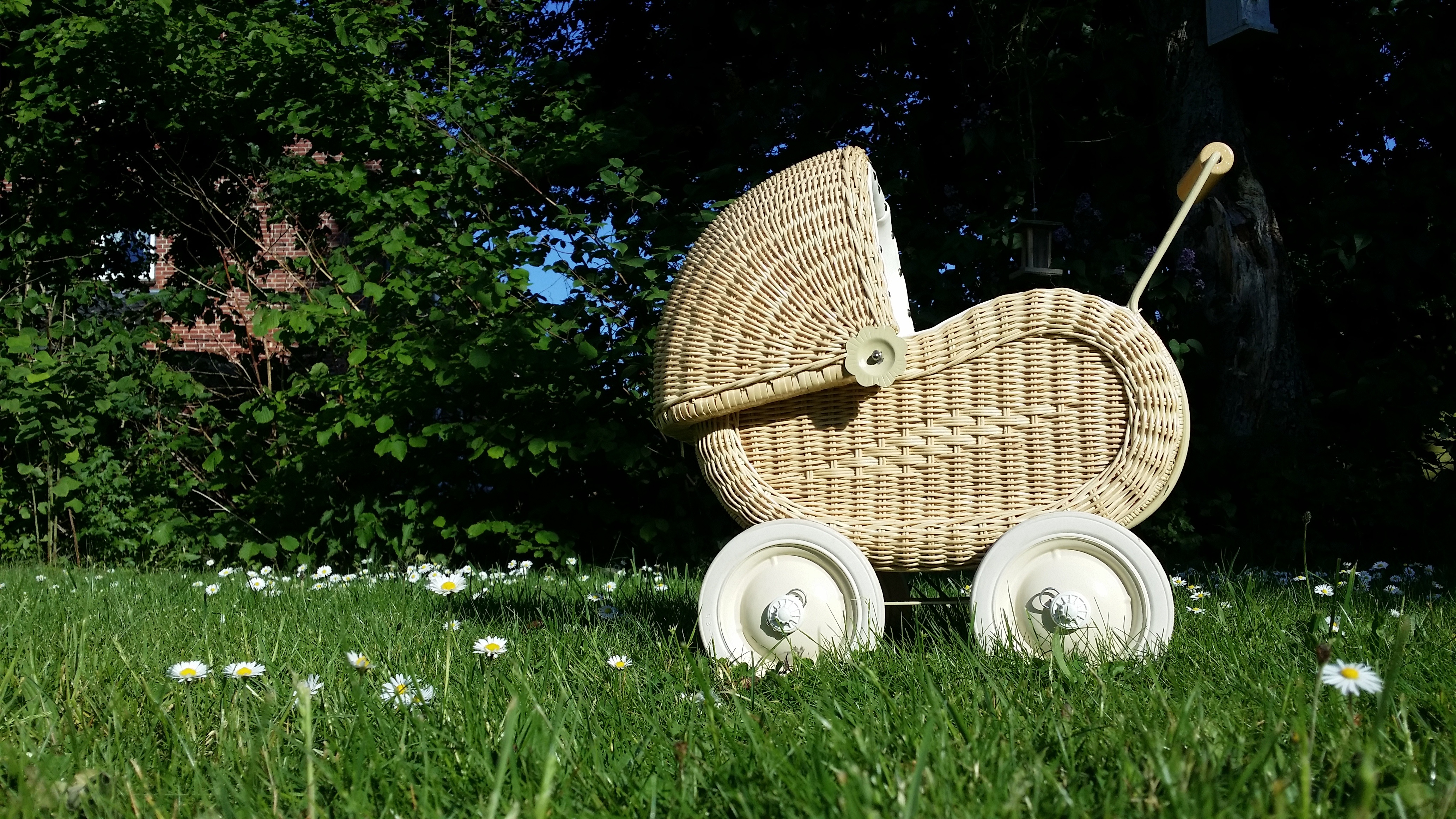 Free photo A baby stroller stands in a green meadow