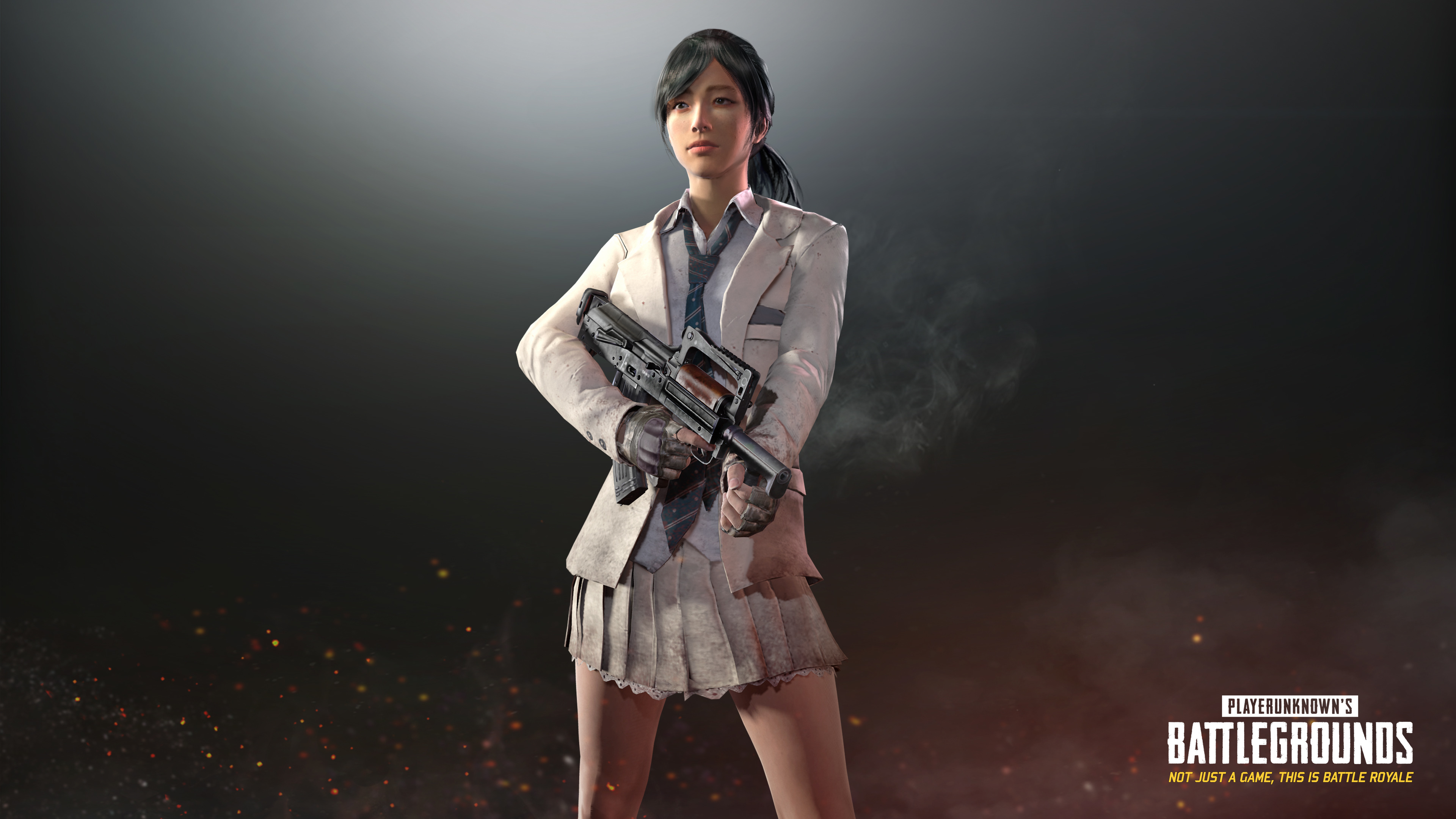 免费照片身穿白色套装、手持自动步枪的女孩，来自《Playerunknowns Battlegrounds》游戏