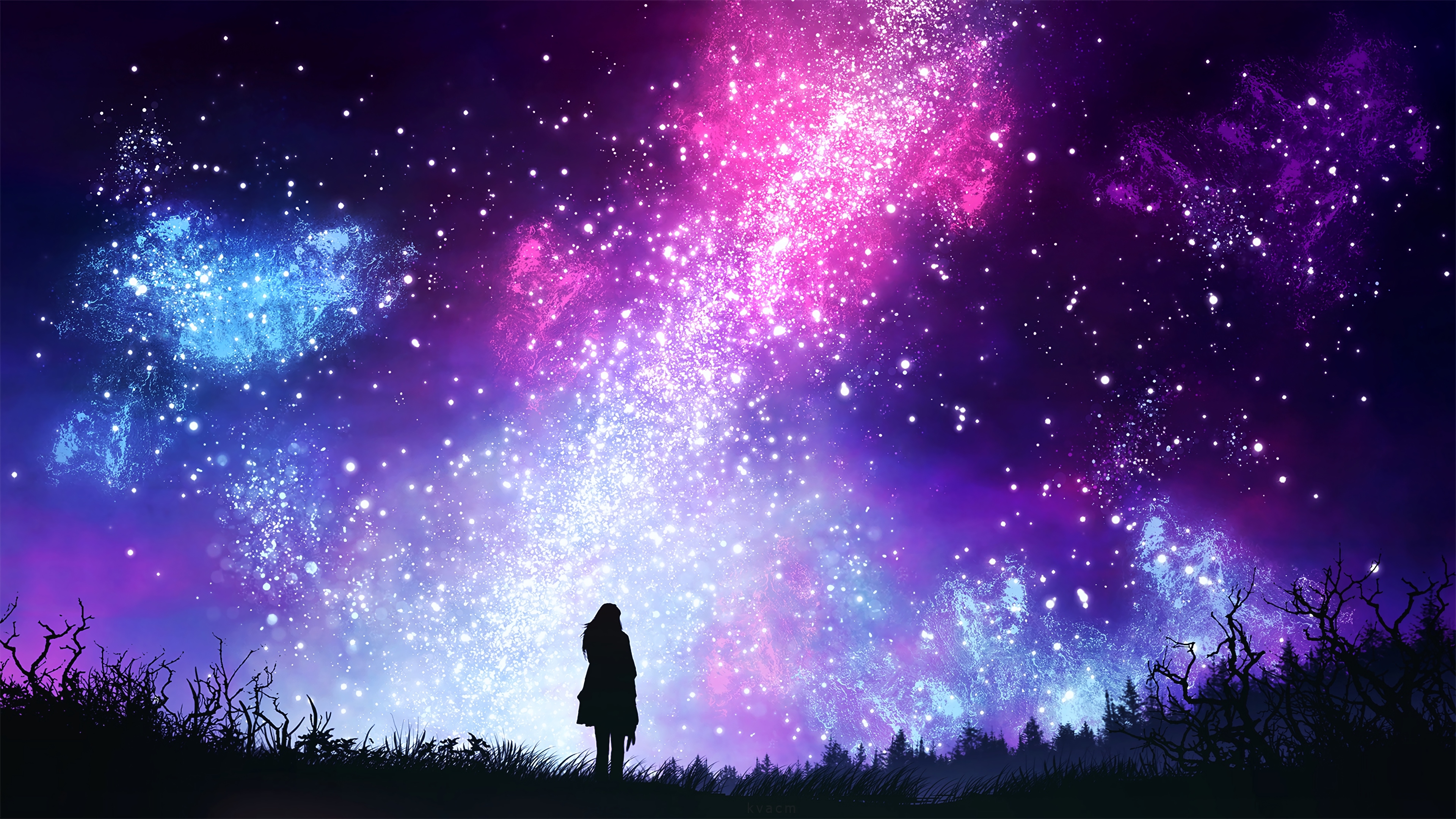 The silhouette of a girl against a magical sky.