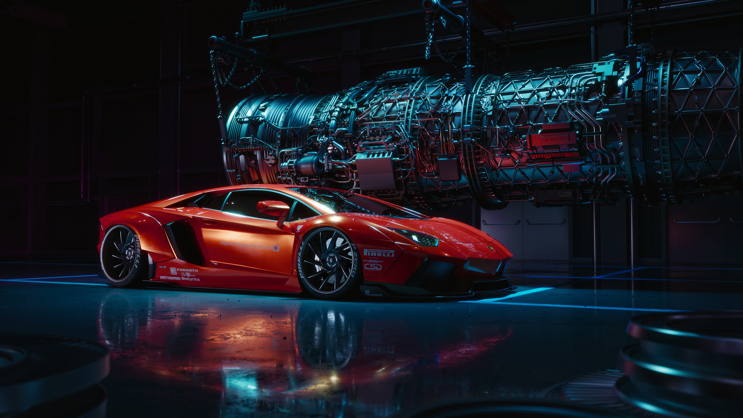 Free photo A red lamborghini aventador in a dark room.