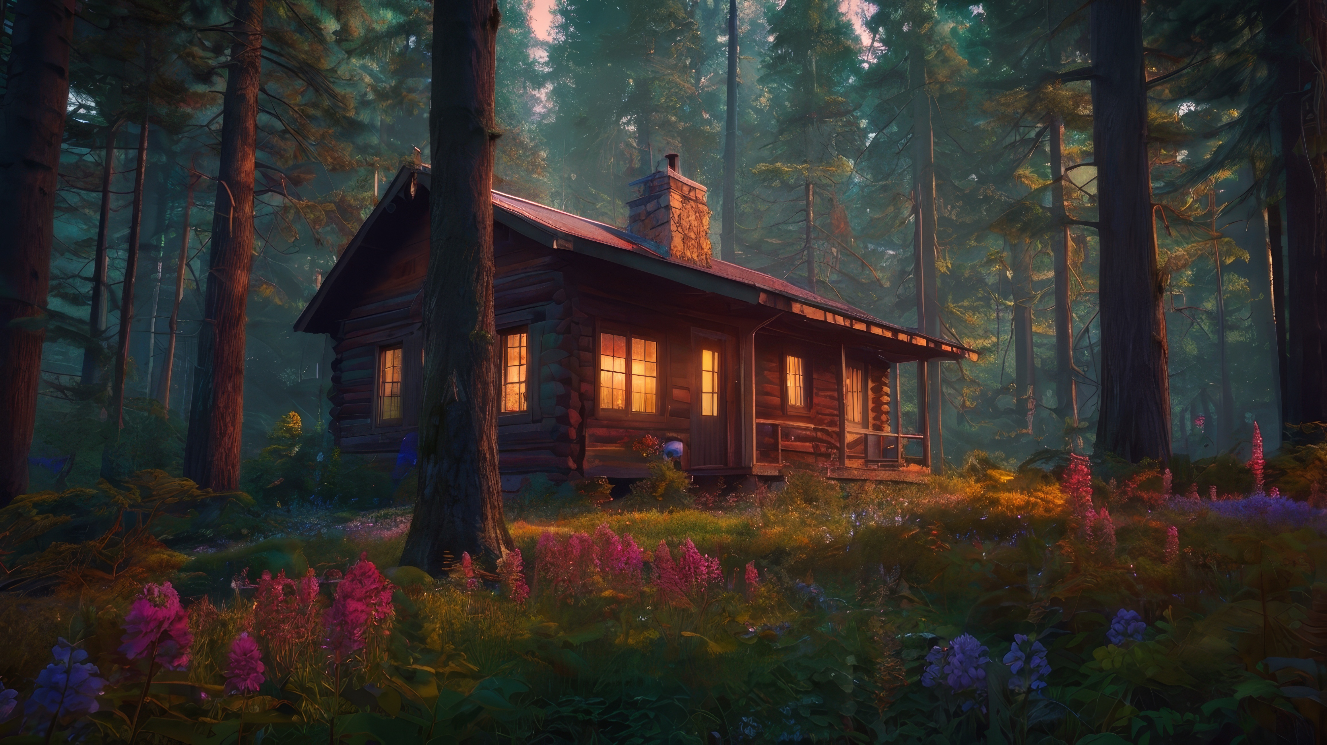 Бесплатное фото Бревенчатый домик стоит в лесу рядом с фиолетовыми дикими цветами.