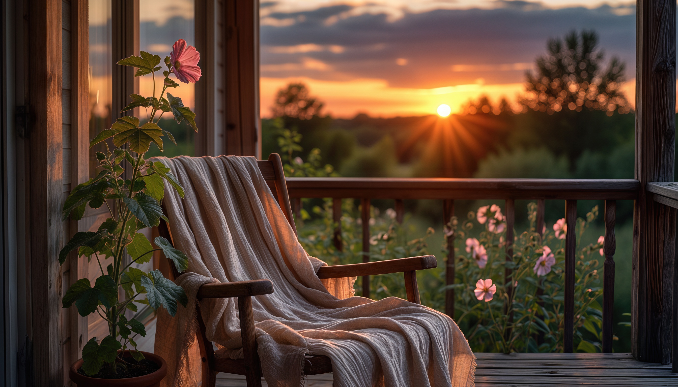 Уютный уголок на веранде с деревянным стулом, пледом и цветком в горшке на фоне заката.