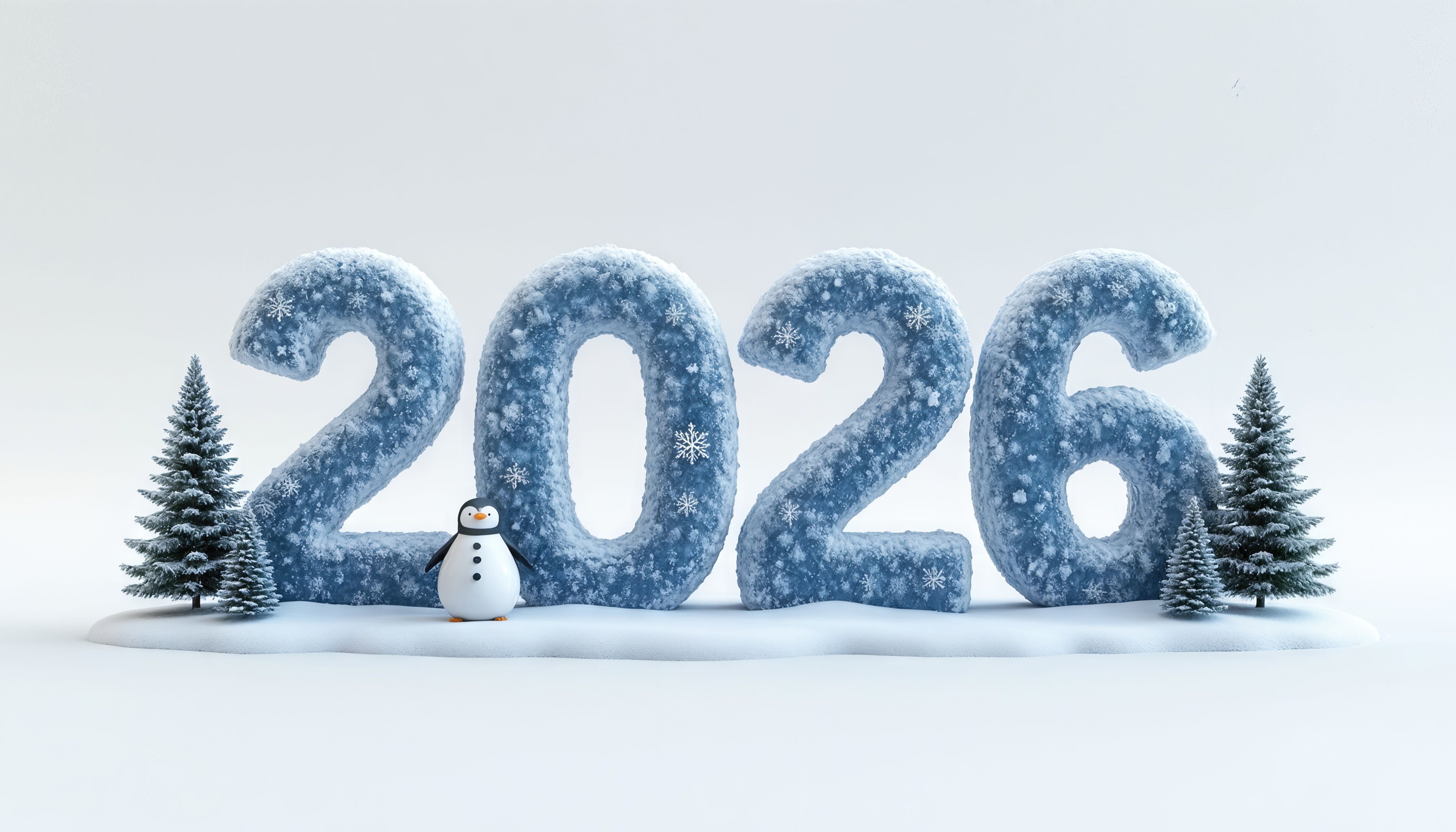 Бесплатное фото Снежный 2026: цифры, ёлки и весёлый пингвин.
