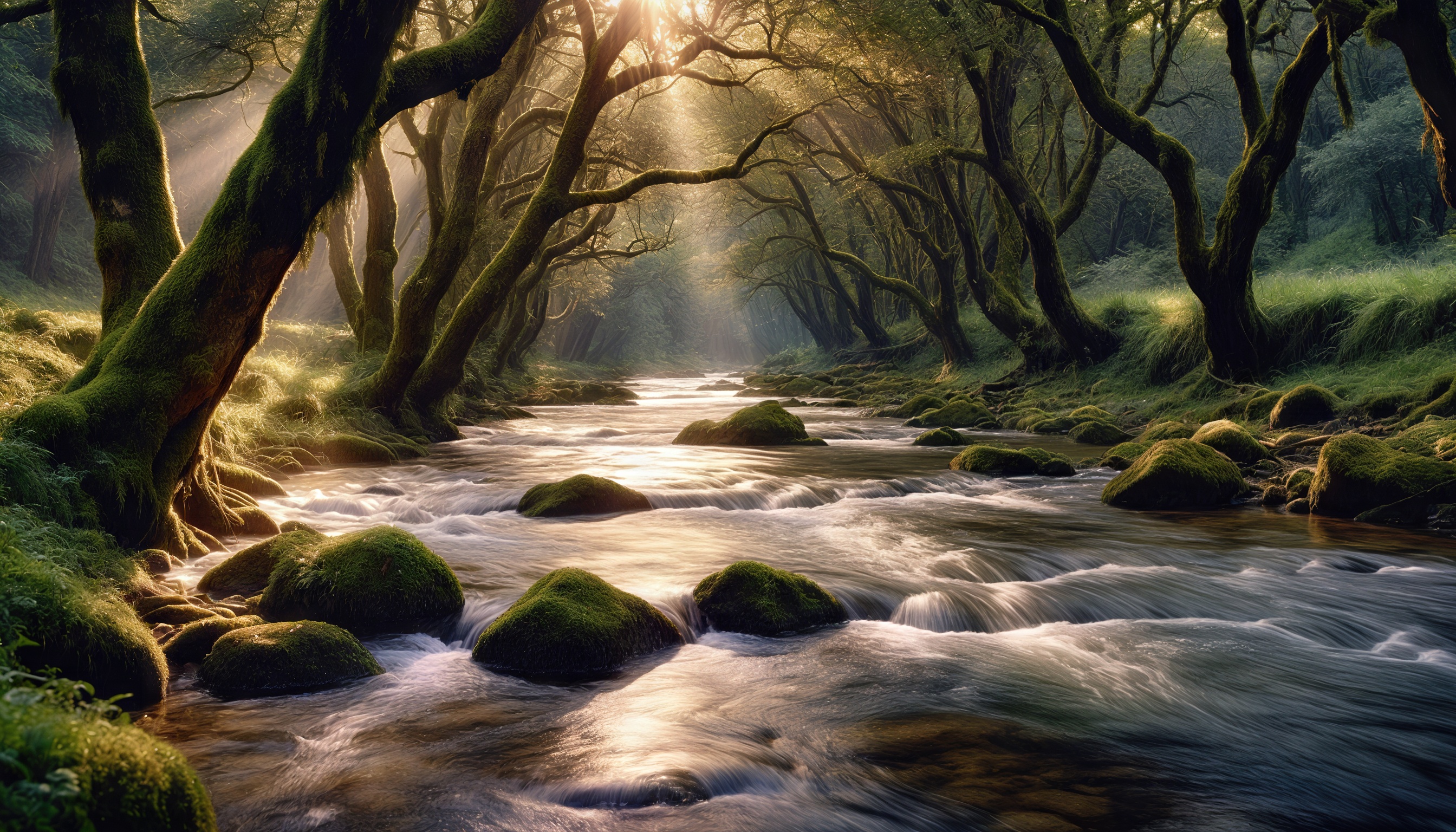 Бесплатное фото Ручей струится среди мшистых камней в лесу, солнечные лучи пробиваются сквозь ветви, создавая игру света и тени.