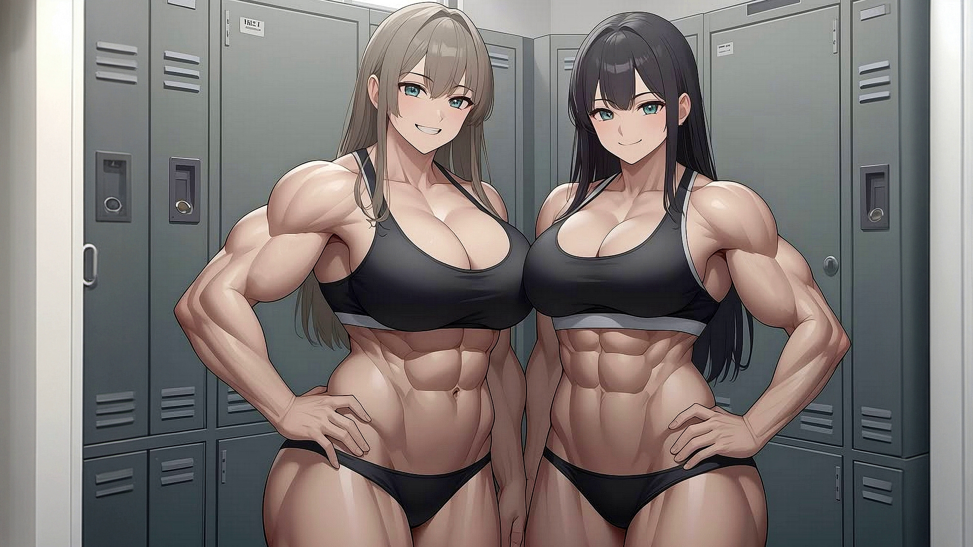 Free photo Two bodybuilder girls standing in the locker room.