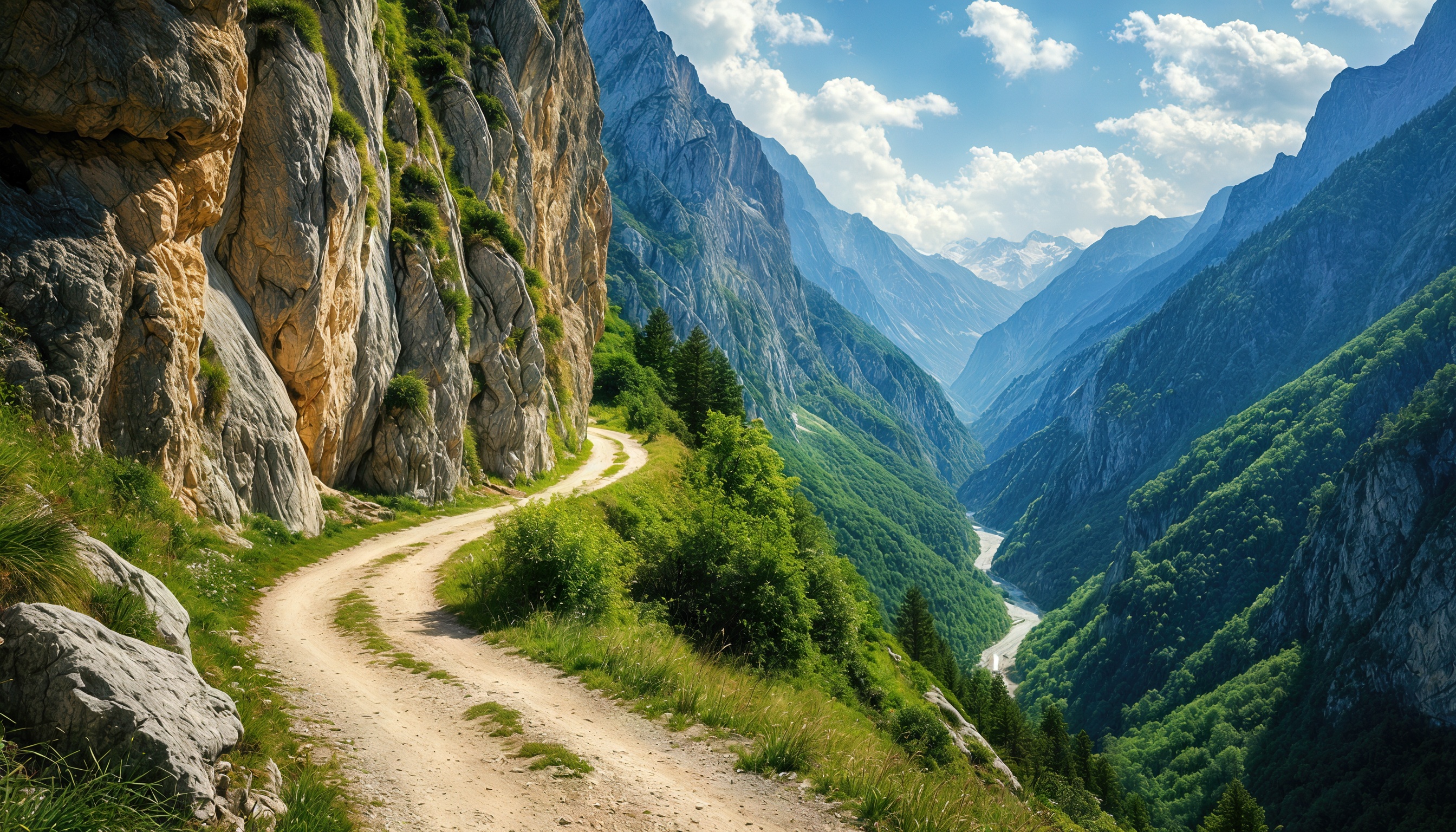 Бесплатное фото Горная дорога среди скал и лесов под ясным небом.