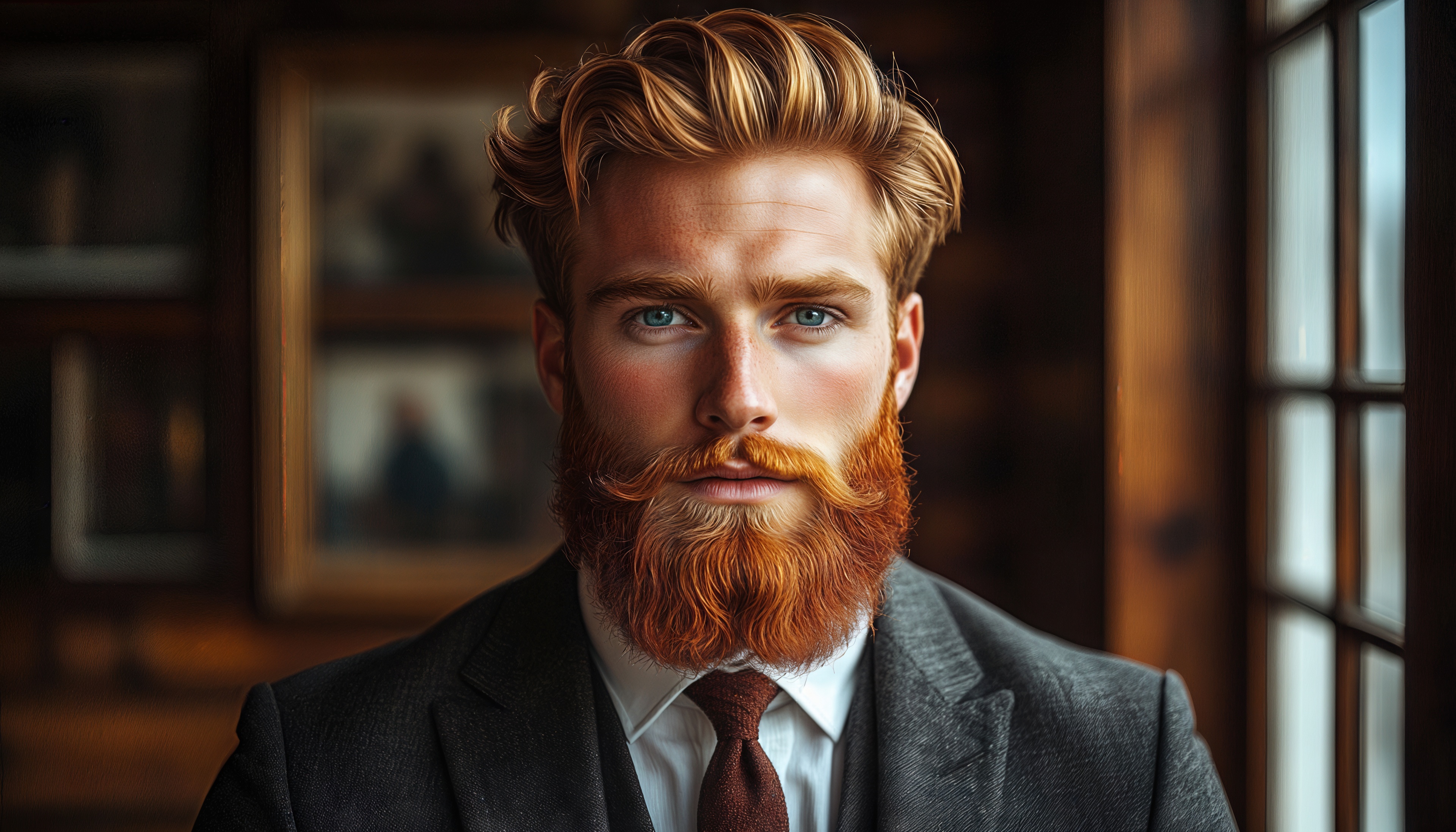 Бесплатное фото Стильный мужчина с рыжей бородой и причёской в классическом костюме.
