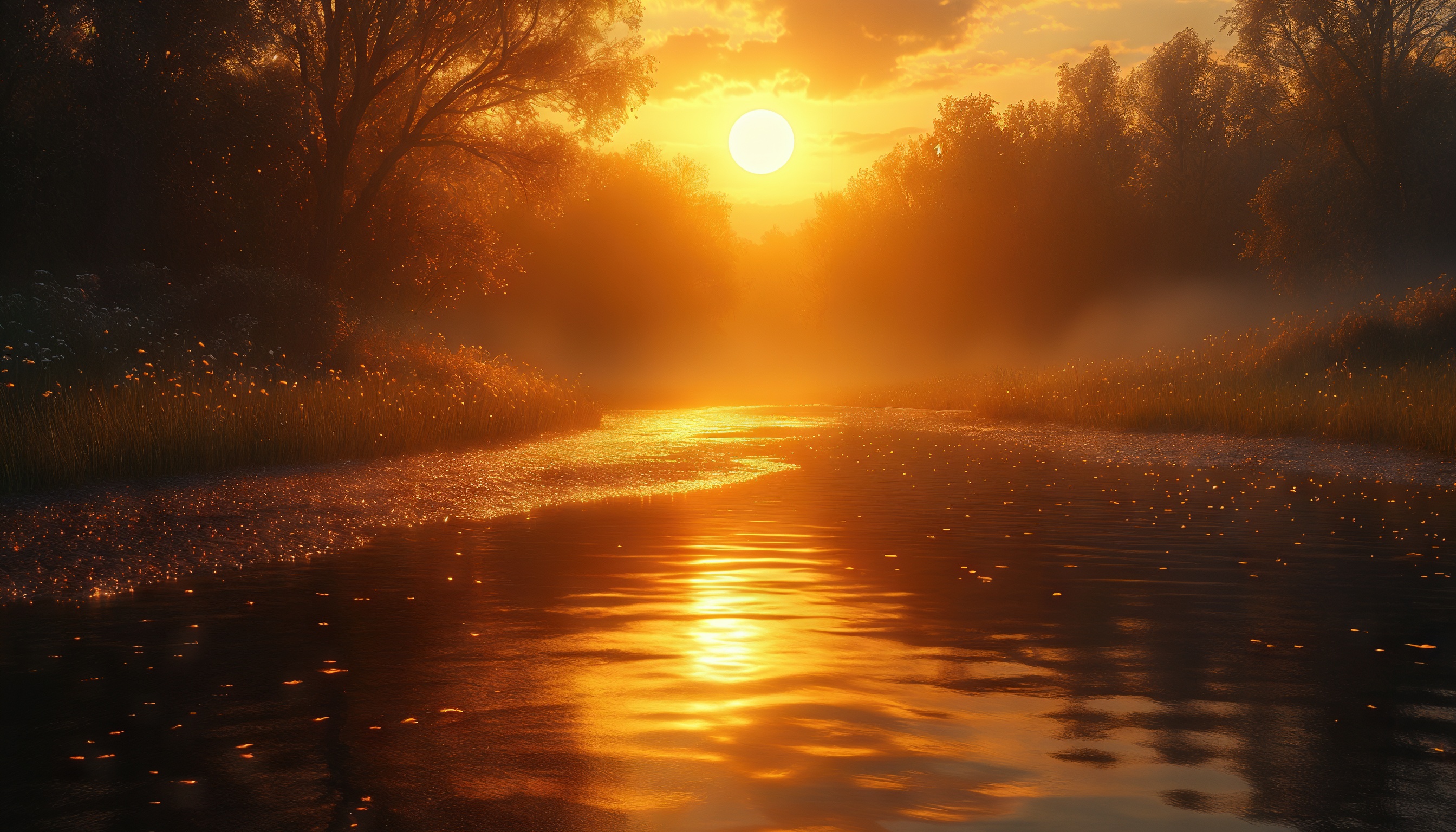 Бесплатное фото Живописный закат над рекой, окружённой деревьями и зелёной растительностью.
