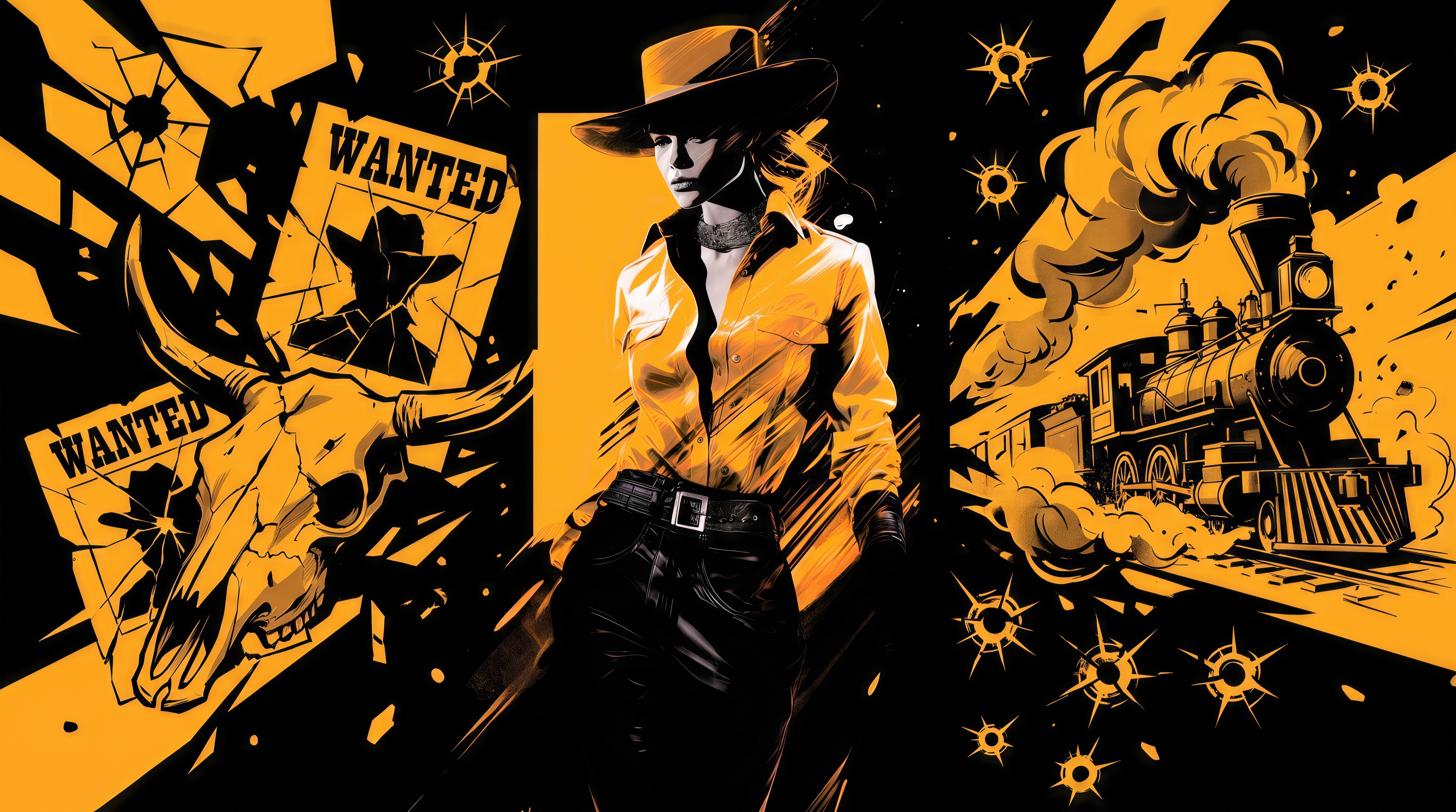 Free photo A stylish cowboy girl in a wide-brimmed hat stands in the center of a contrasting black and yellow collage with frontier symbols.