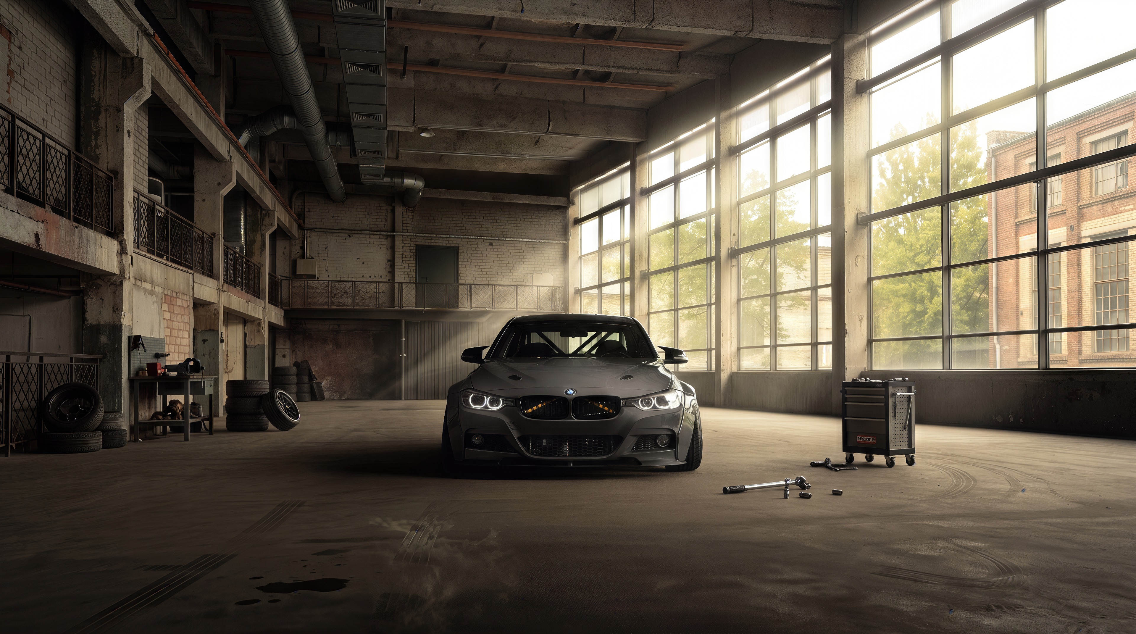Бесплатное фото Стильный серый спорткар BMW F30 стоит по центру просторного индустриального ангара в лучах мягкого утреннего света.