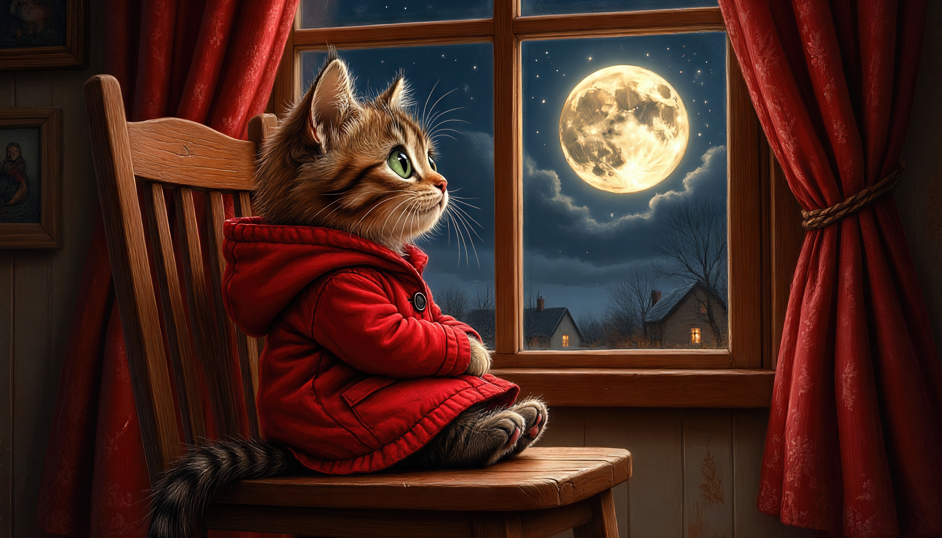 Бесплатное фото Кот в красной куртке задумчиво смотрит на полную луну за окном.