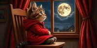 Кот в красной куртке задумчиво смотрит на полную луну за окном.