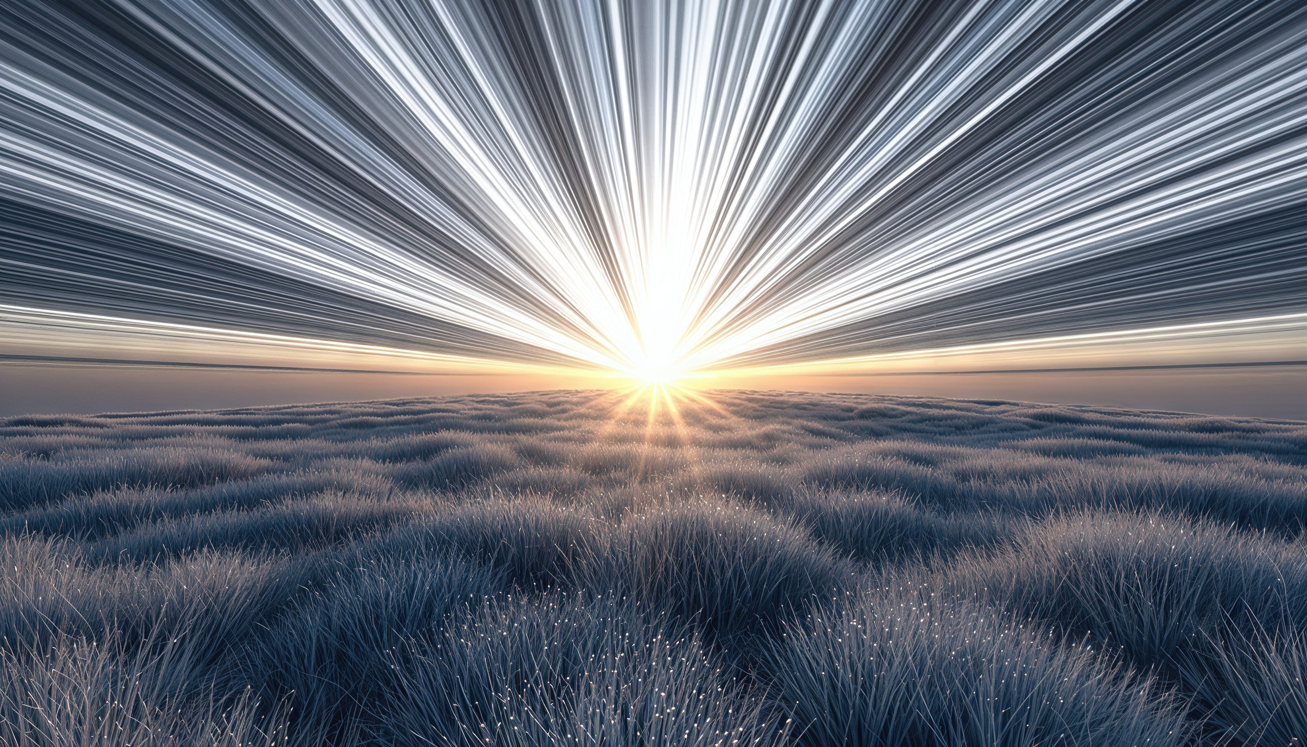 Бесплатное фото Фантастический пейзаж с солнцем и лучами на фоне поля или тумана в холодных тонах.