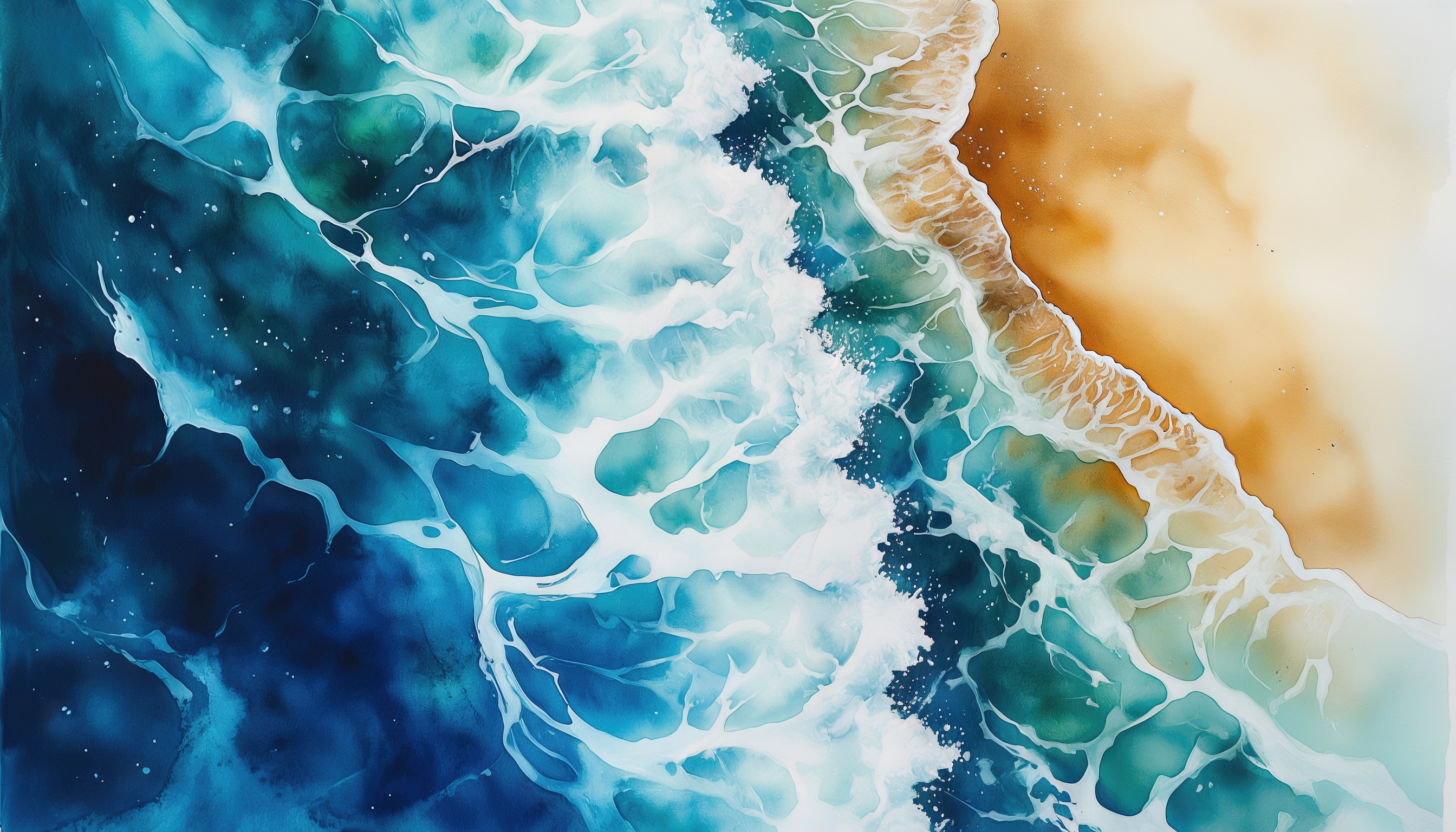 Абстрактная акварельная картина с плавными переходами синего, белого и оранжевого цветов, создающая ощущение движения.