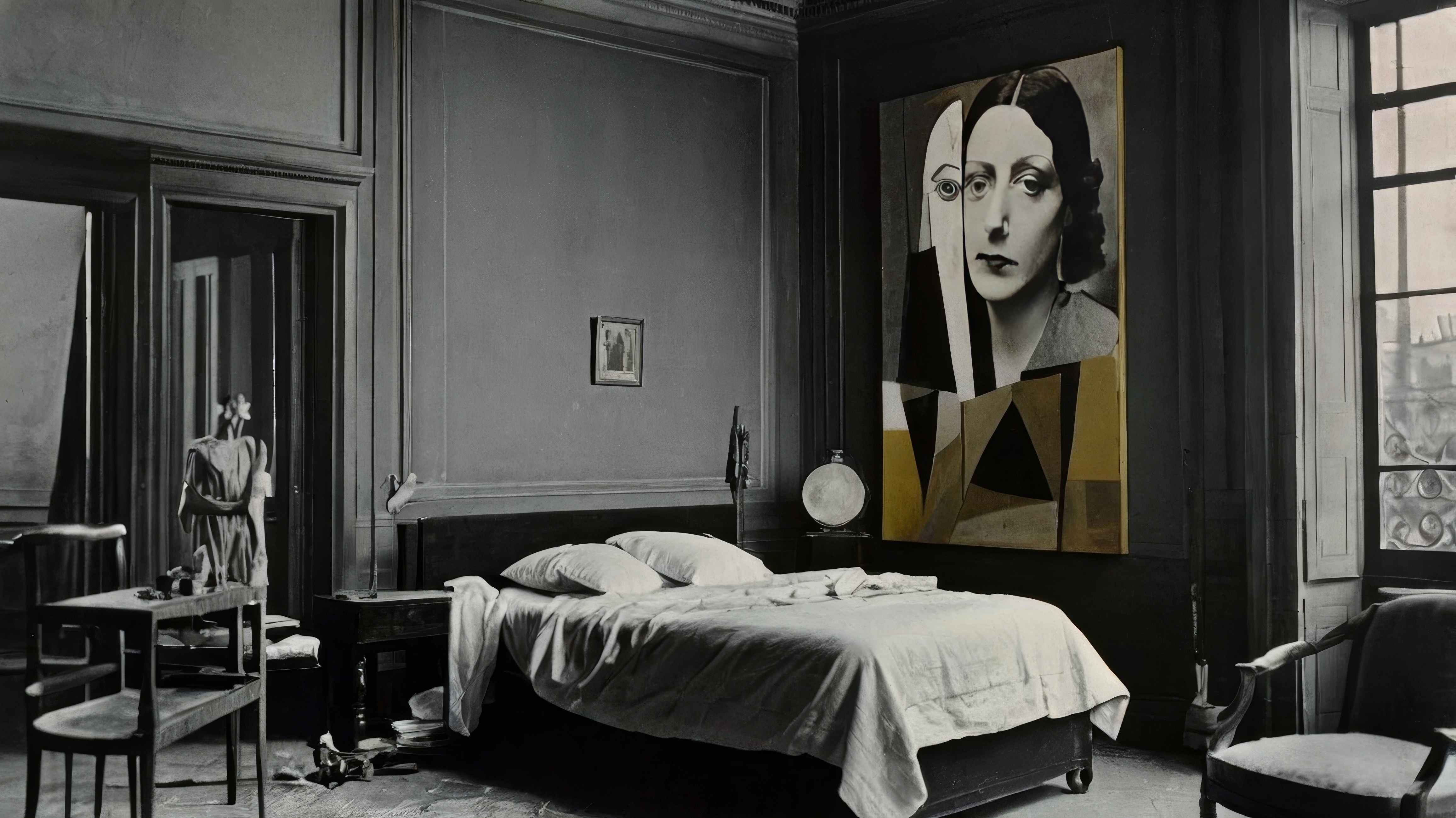 A very large beautiful bedroom with large paintings