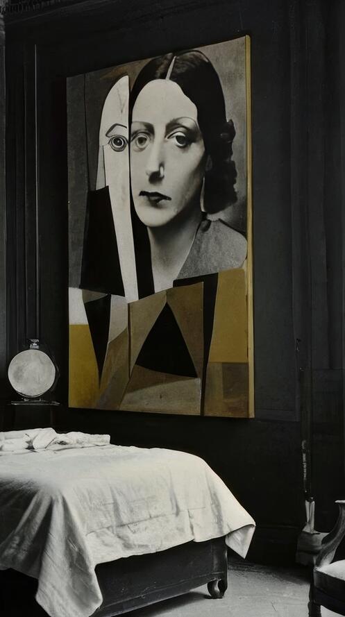 Free photo A very large beautiful bedroom with large paintings