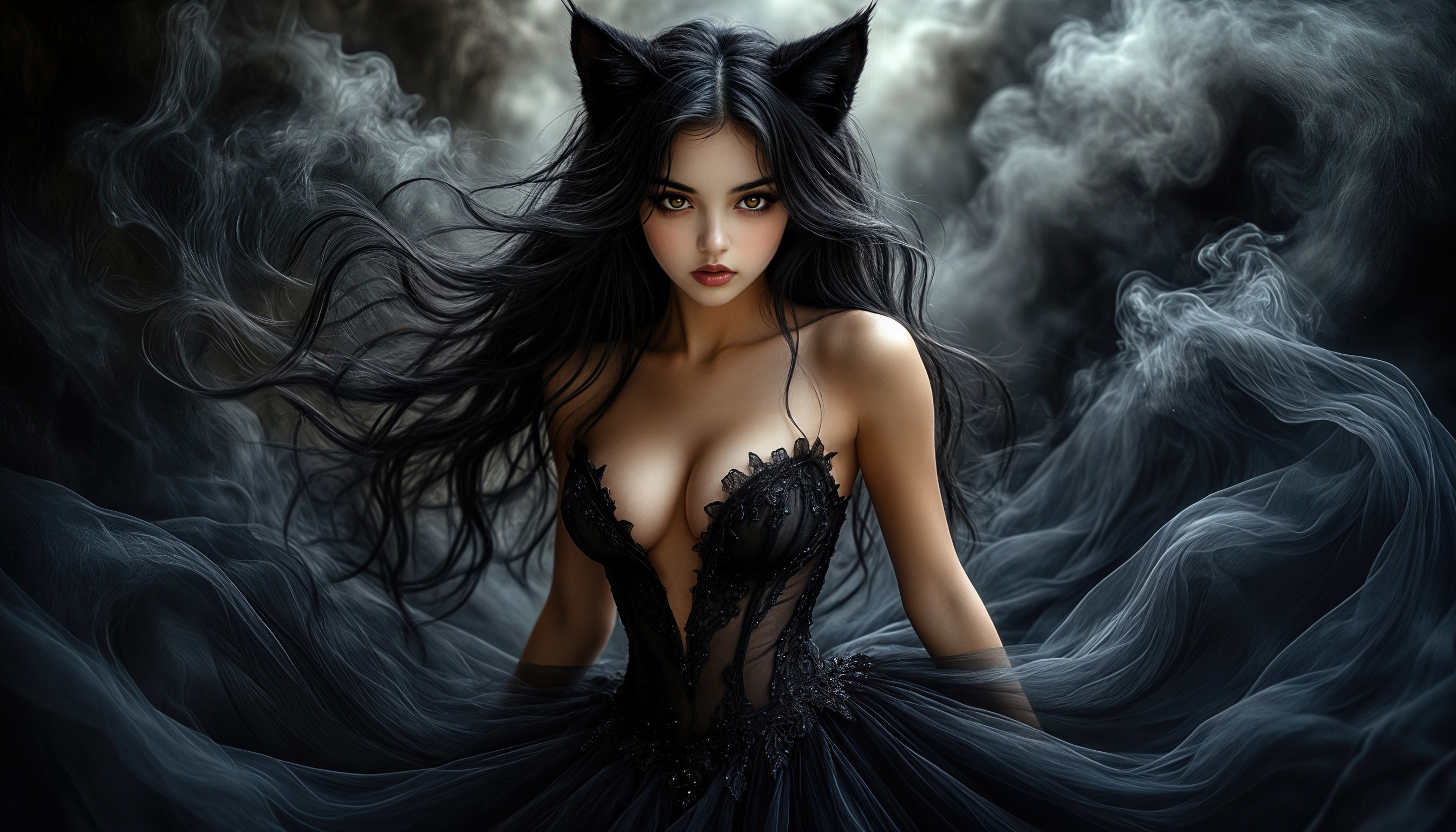 Бесплатное фото Фэнтезийный образ нэко девушки в готическом платье с ушками на фоне дыма.