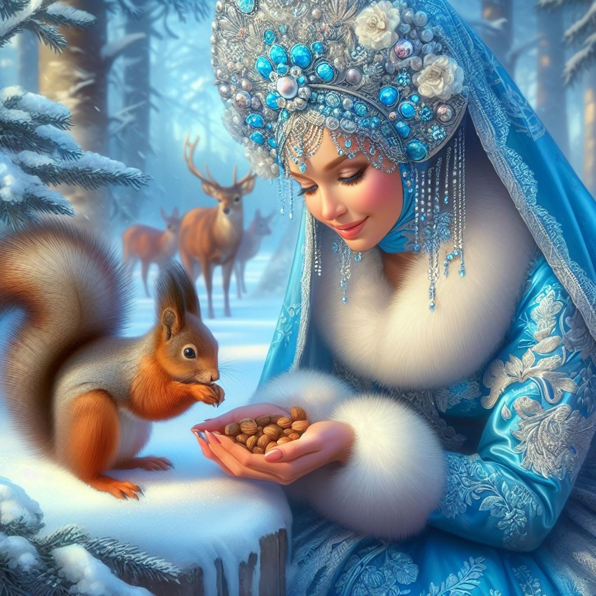 Free photo The Snow Maiden feeds a squirrel